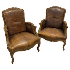 Antique Brown Leather Bergère Chairs