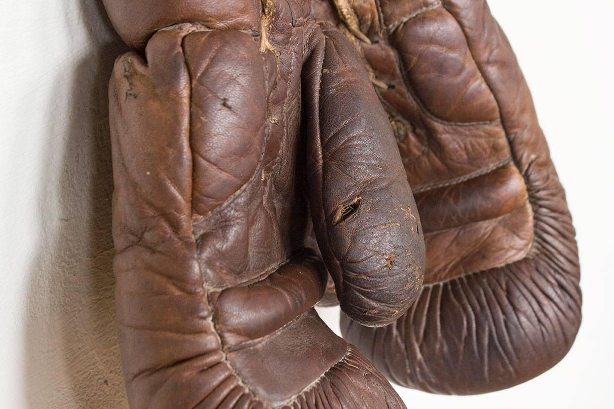 Dutch Vintage Brown Leather Boxing Gloves, circa 1940-1950