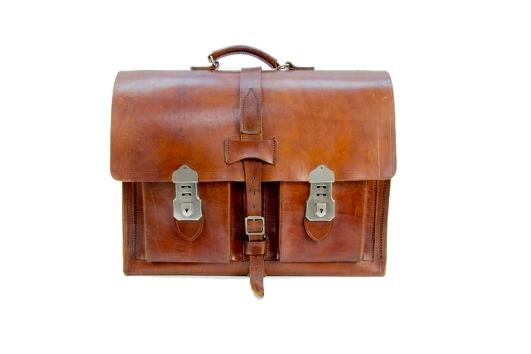 Vintage Brown Leather Briefcase Bag with Cheney Locks at 1stDibs
