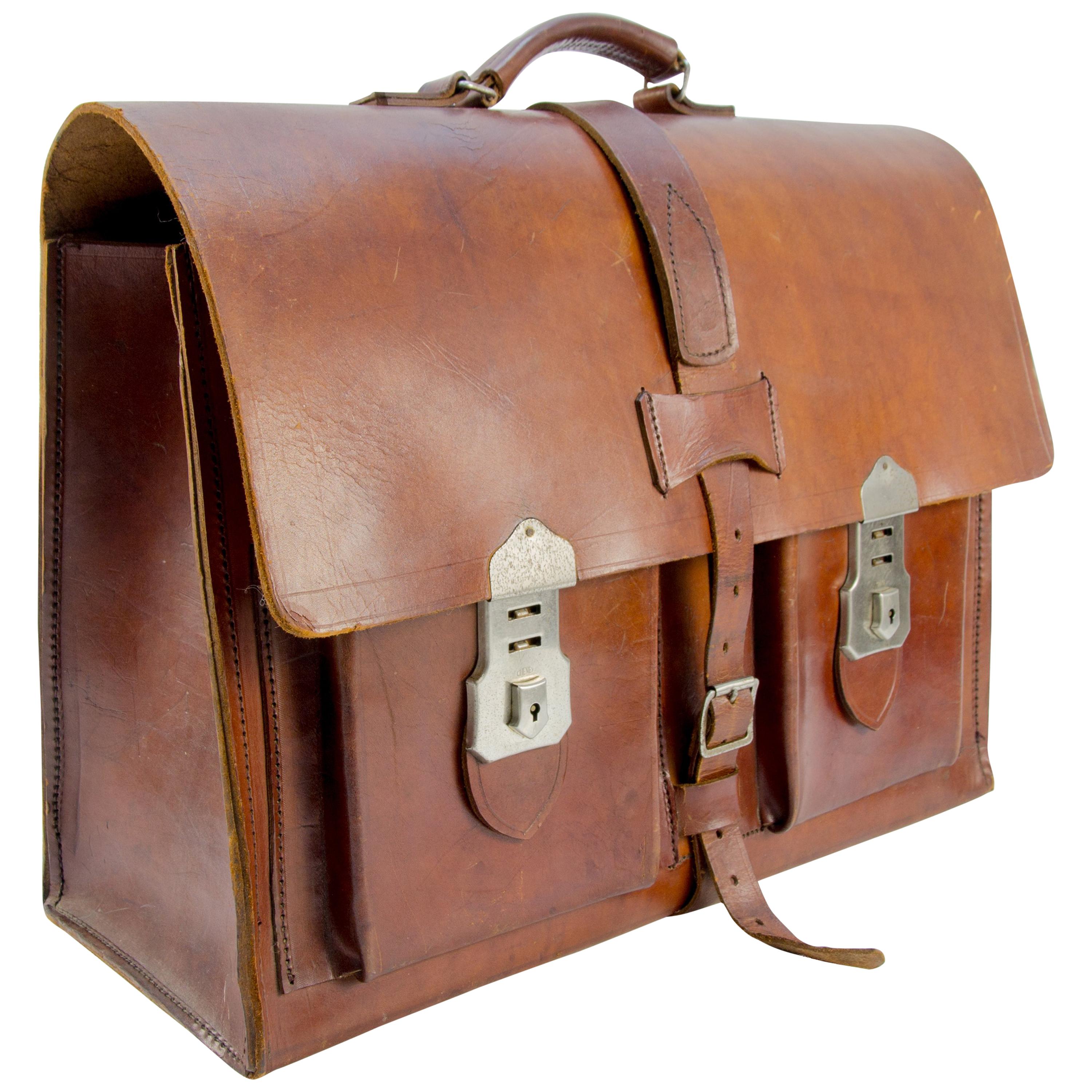 Vintage Brown Leather Briefcase Bag with Cheney Locks