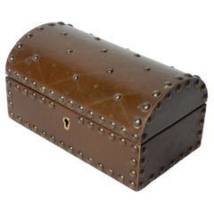 Vintage Brown Leather Bronze Nailhead Jewelry Box, Tommi Parzinger style