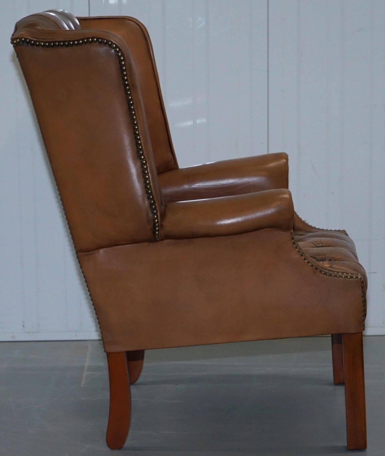 Vintage Brown Leather Button Base & Back Chesterfield Wingback Fireside Armchair 4