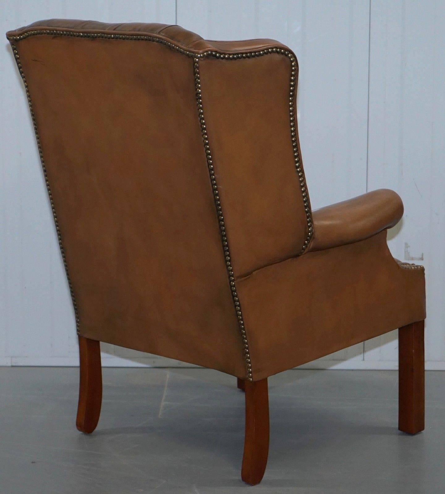 Vintage Brown Leather Button Base & Back Chesterfield Wingback Fireside Armchair 5