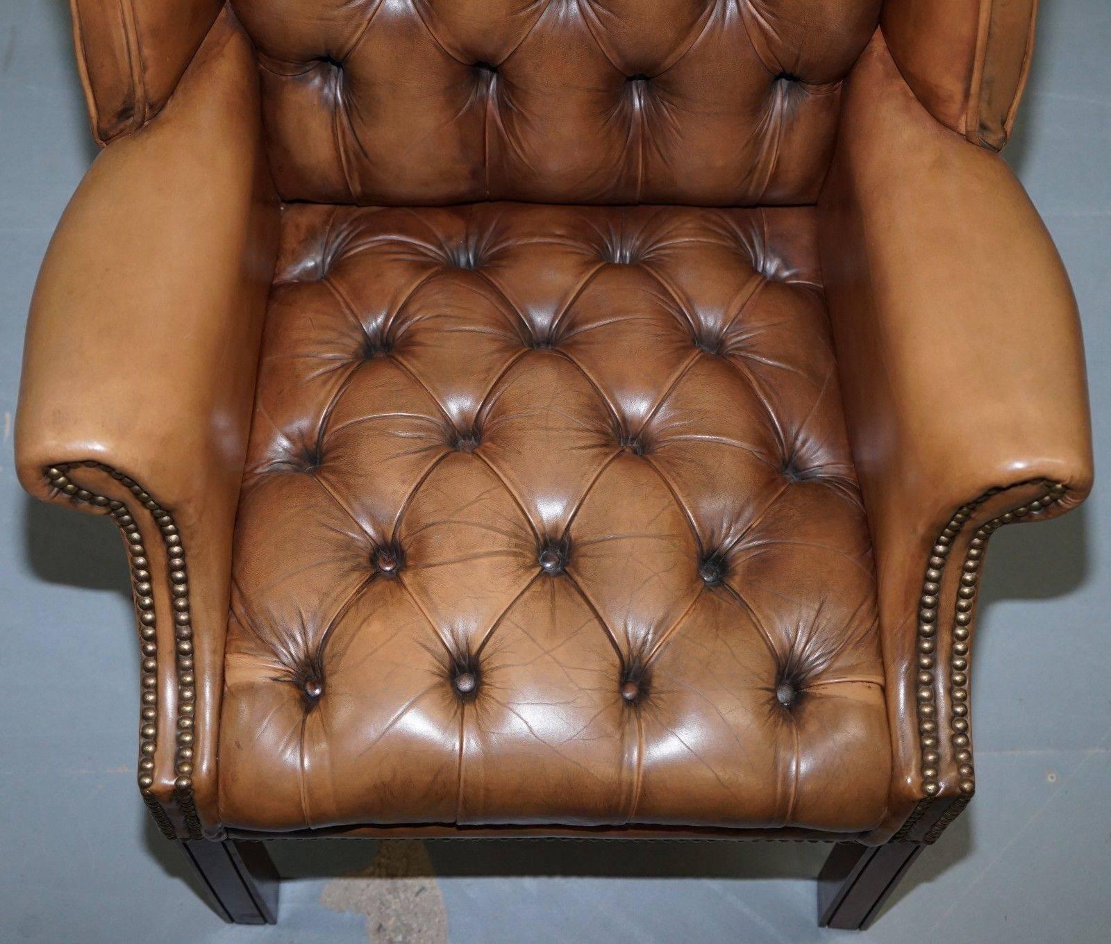 Victorian Vintage Brown Leather Button Base & Back Chesterfield Wingback Fireside Armchair