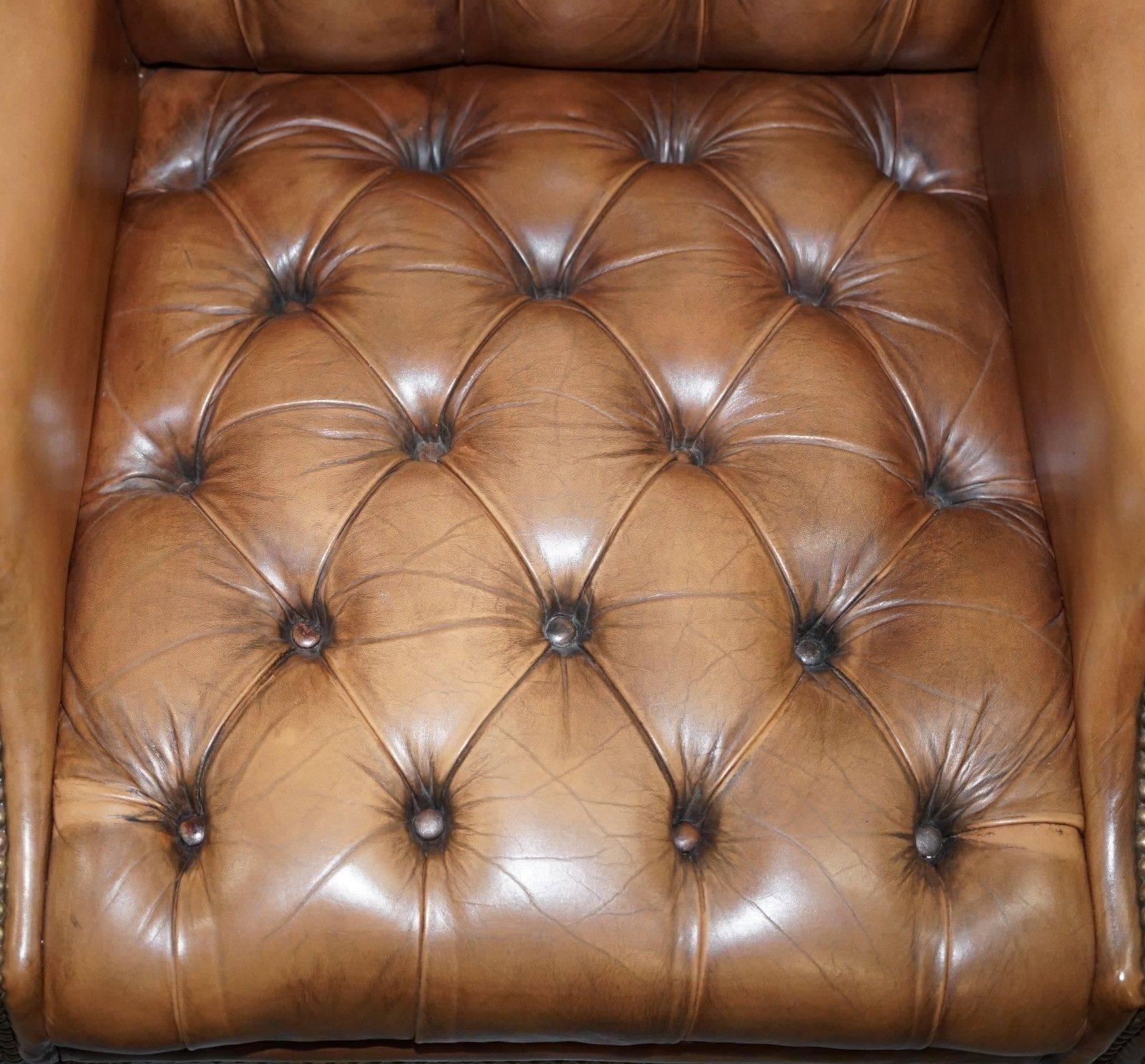 British Vintage Brown Leather Button Base & Back Chesterfield Wingback Fireside Armchair