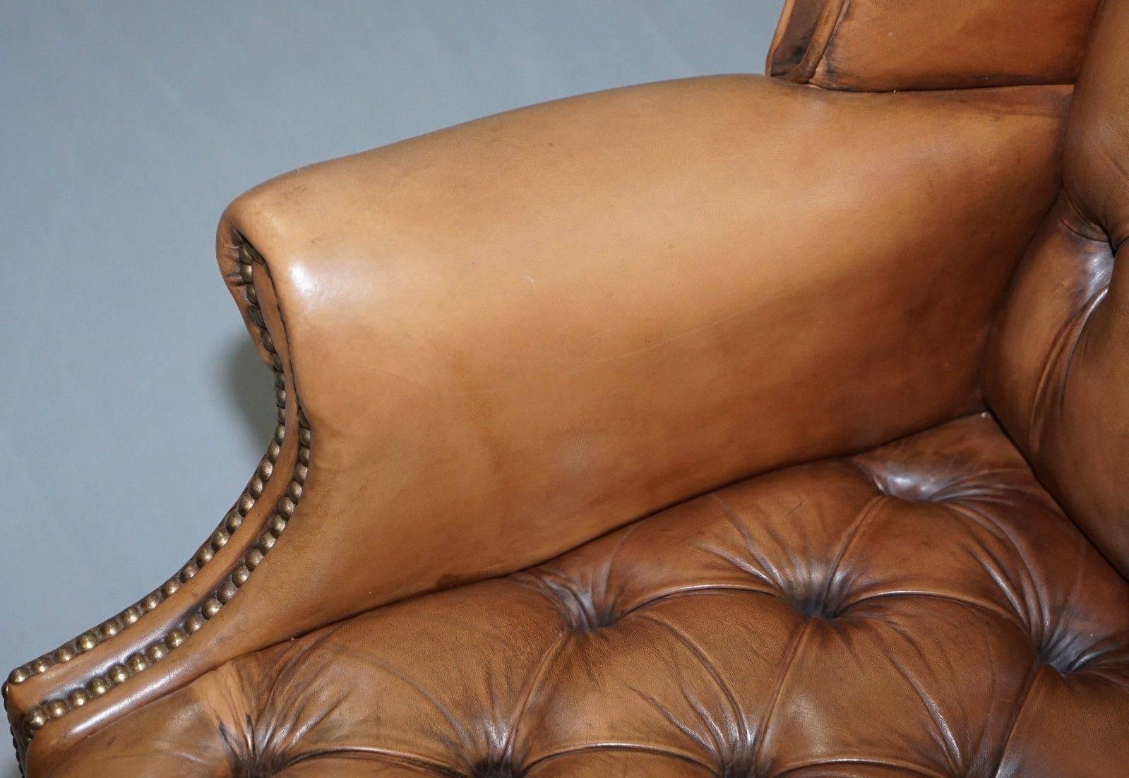 Hand-Crafted Vintage Brown Leather Button Base & Back Chesterfield Wingback Fireside Armchair