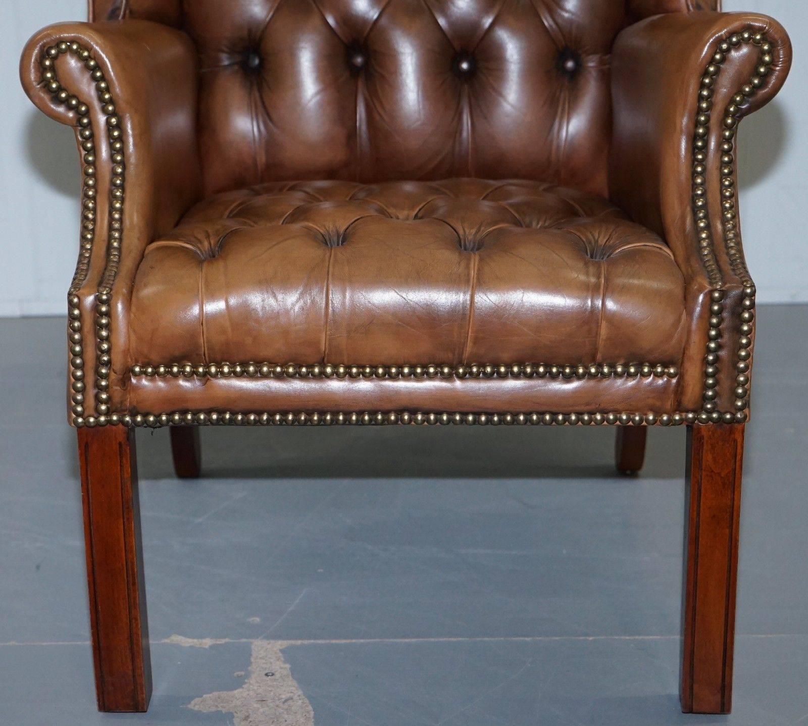 20th Century Vintage Brown Leather Button Base & Back Chesterfield Wingback Fireside Armchair