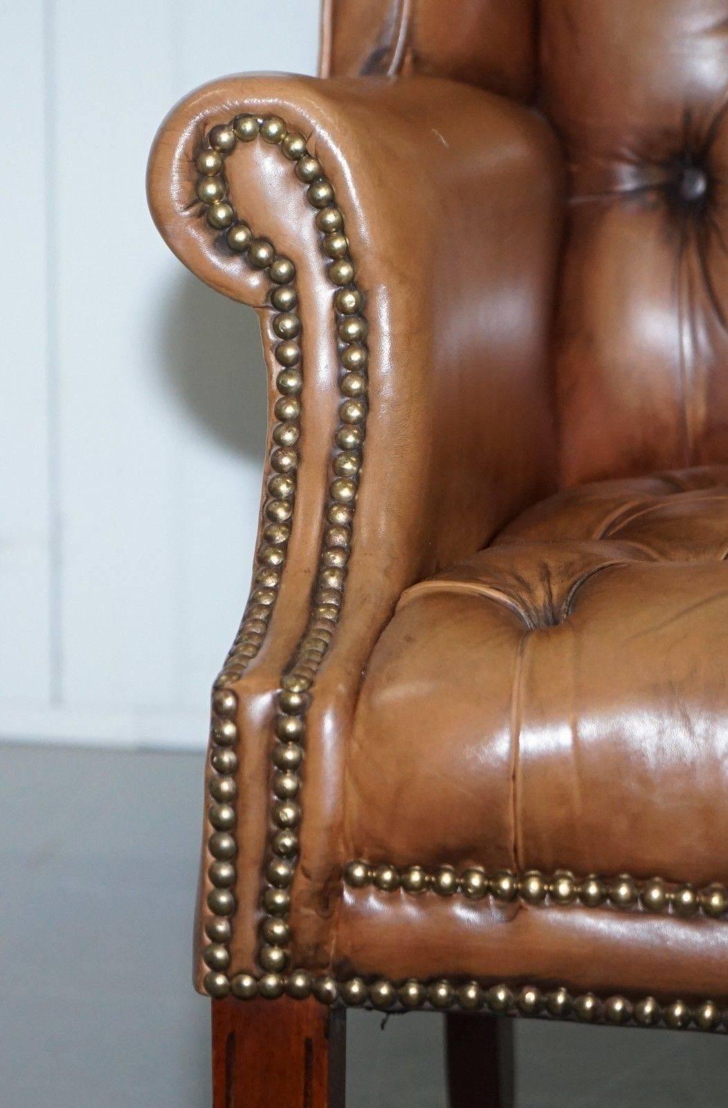 Vintage Brown Leather Button Base & Back Chesterfield Wingback Fireside Armchair 1