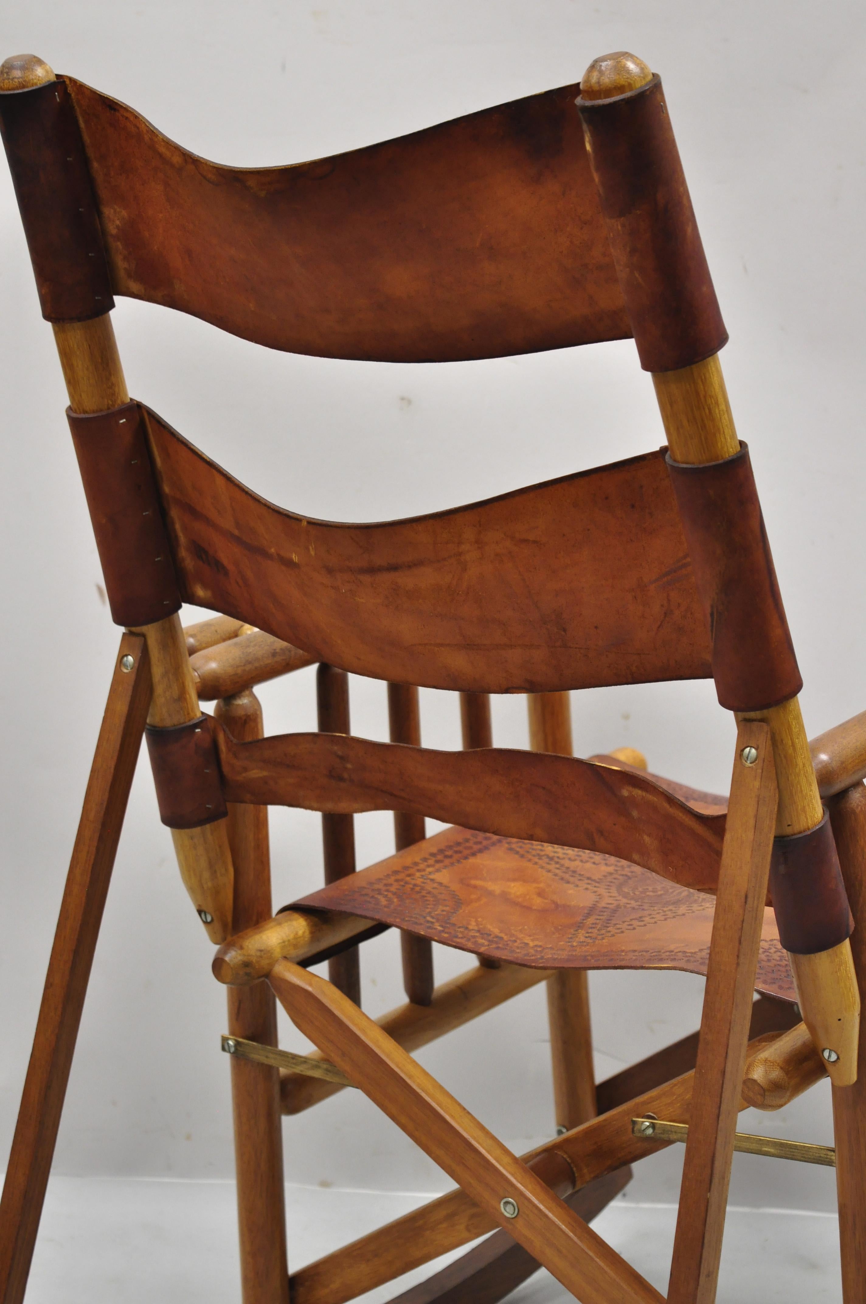 Vintage Brown Leather Campaign Style COSTA Rican Folding Rocking Chair Rocker 2