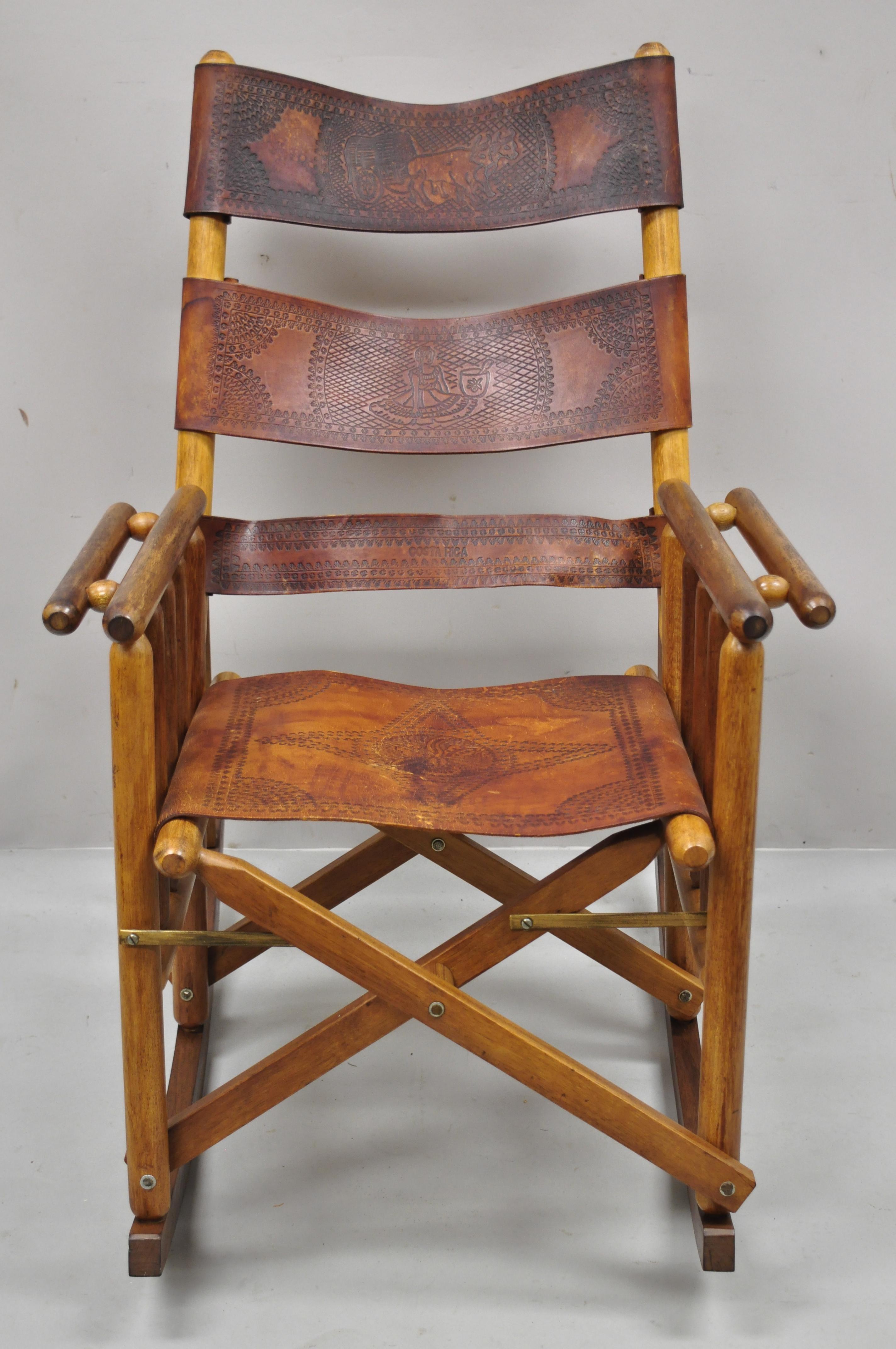 Vintage Brown Leather Campaign Style COSTA Rican Folding Rocking Chair Rocker 3