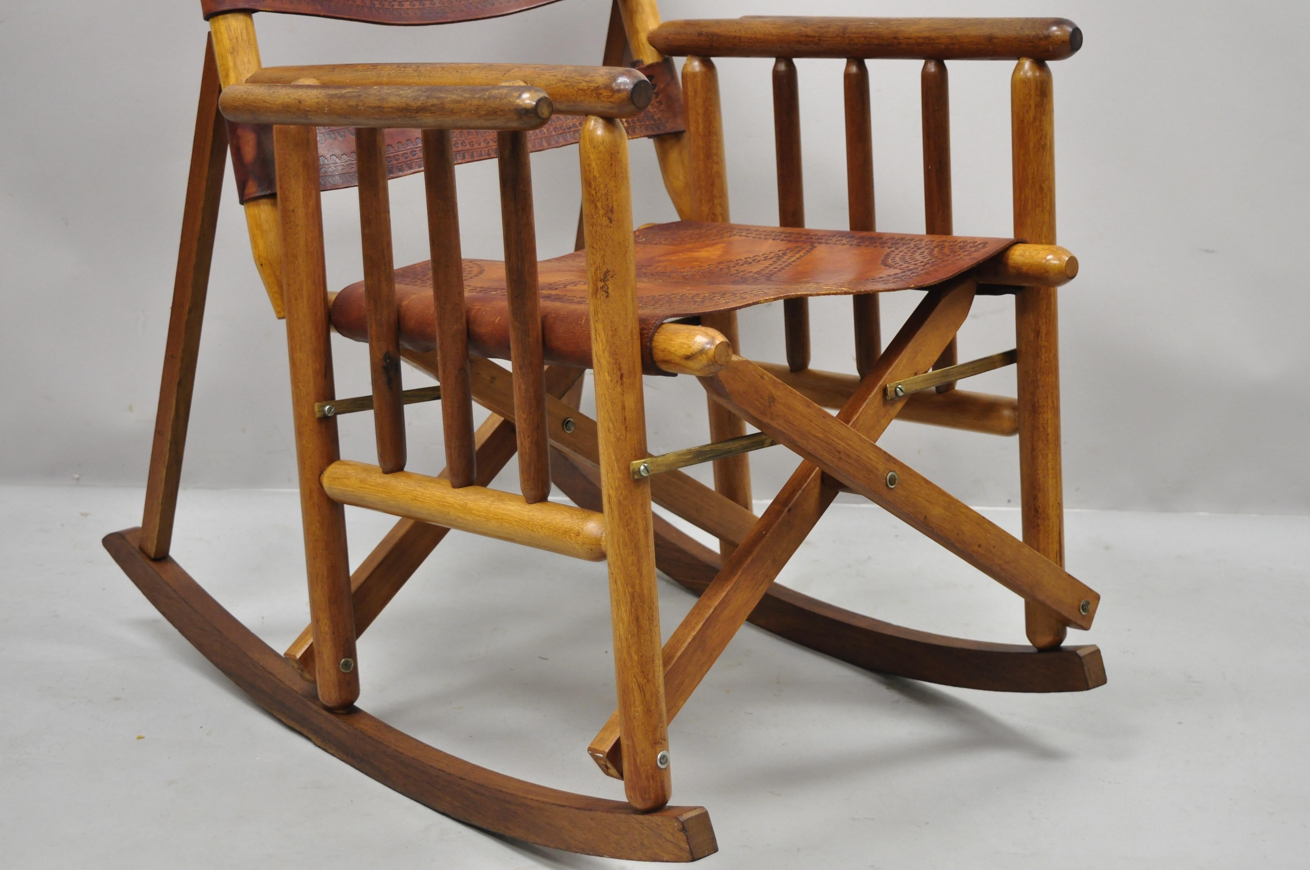 Arts and Crafts Vintage Brown Leather Campaign Style COSTA Rican Folding Rocking Chair Rocker