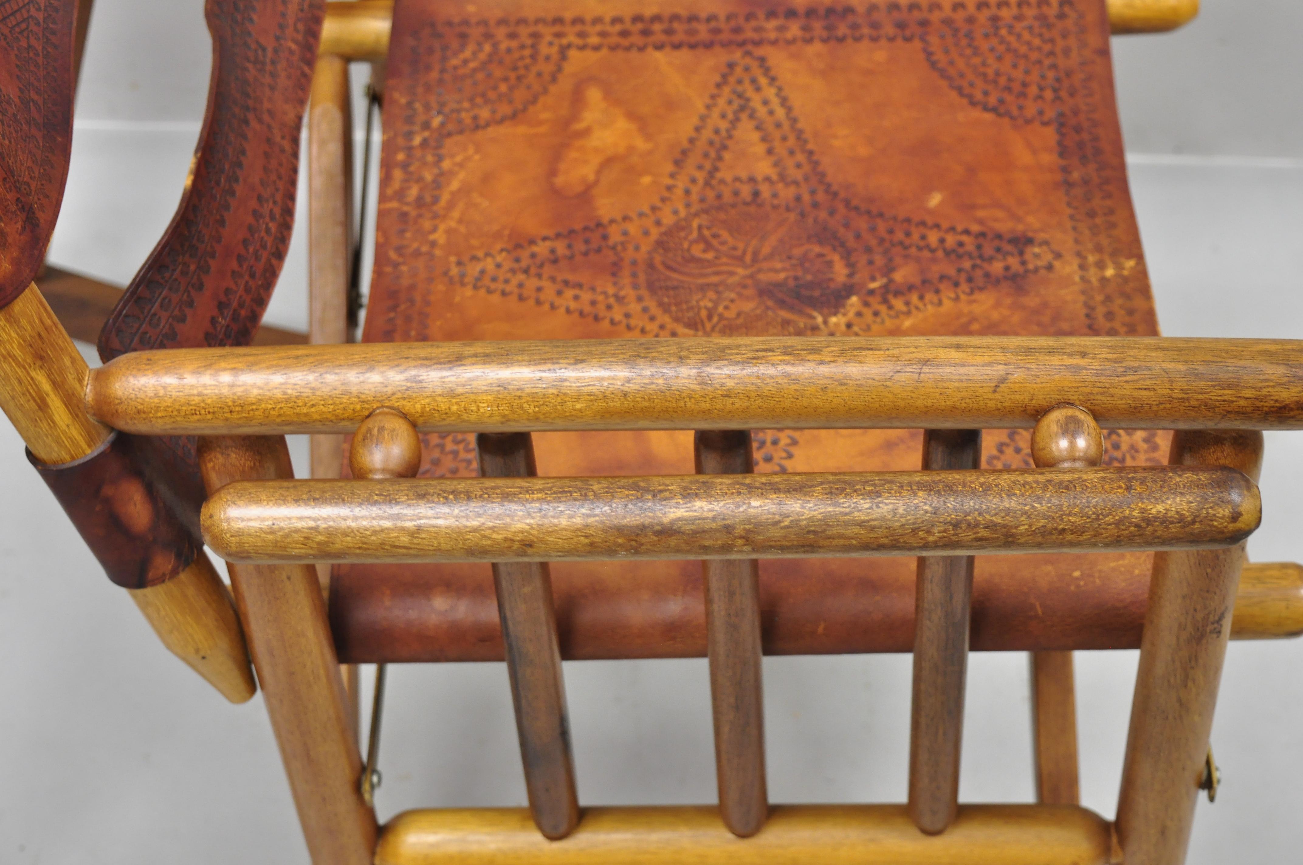 Vintage Brown Leather Campaign Style COSTA Rican Folding Rocking Chair Rocker In Good Condition In Philadelphia, PA