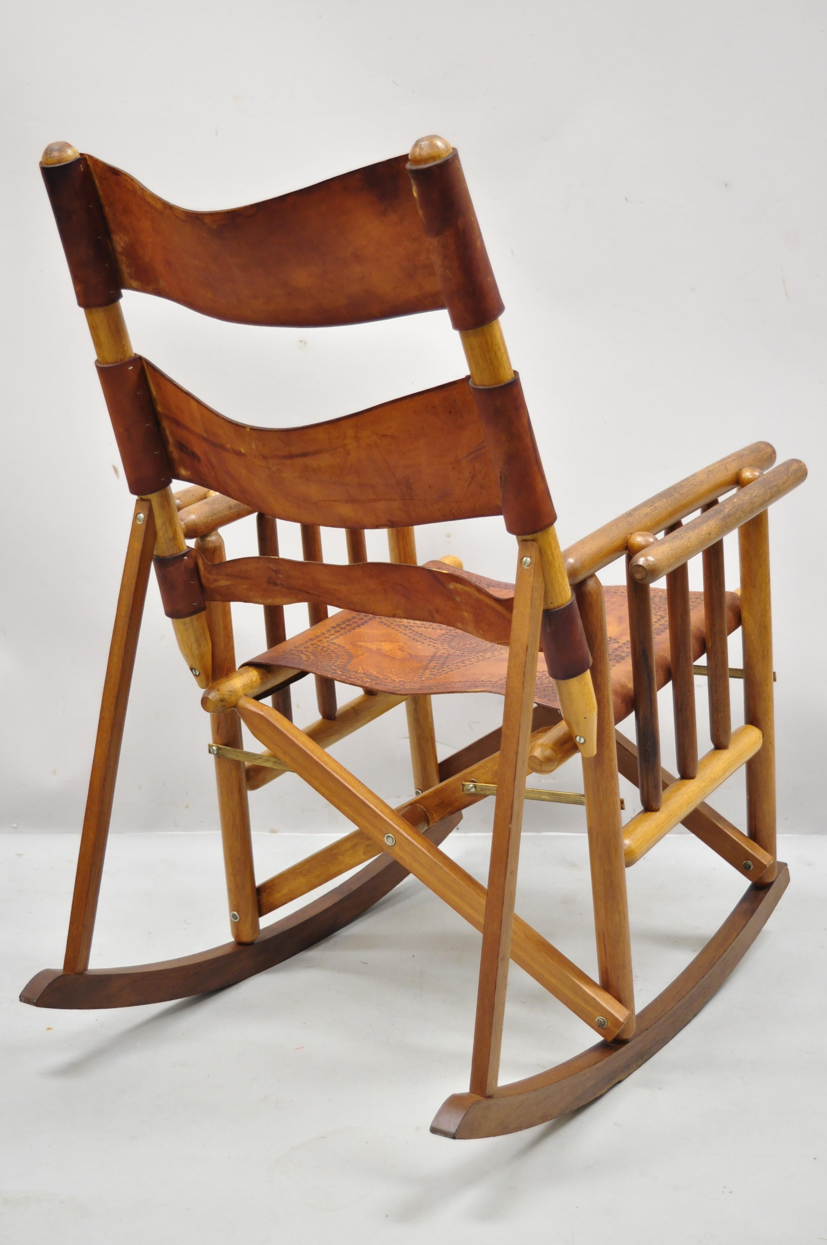 20th Century Vintage Brown Leather Campaign Style COSTA Rican Folding Rocking Chair Rocker