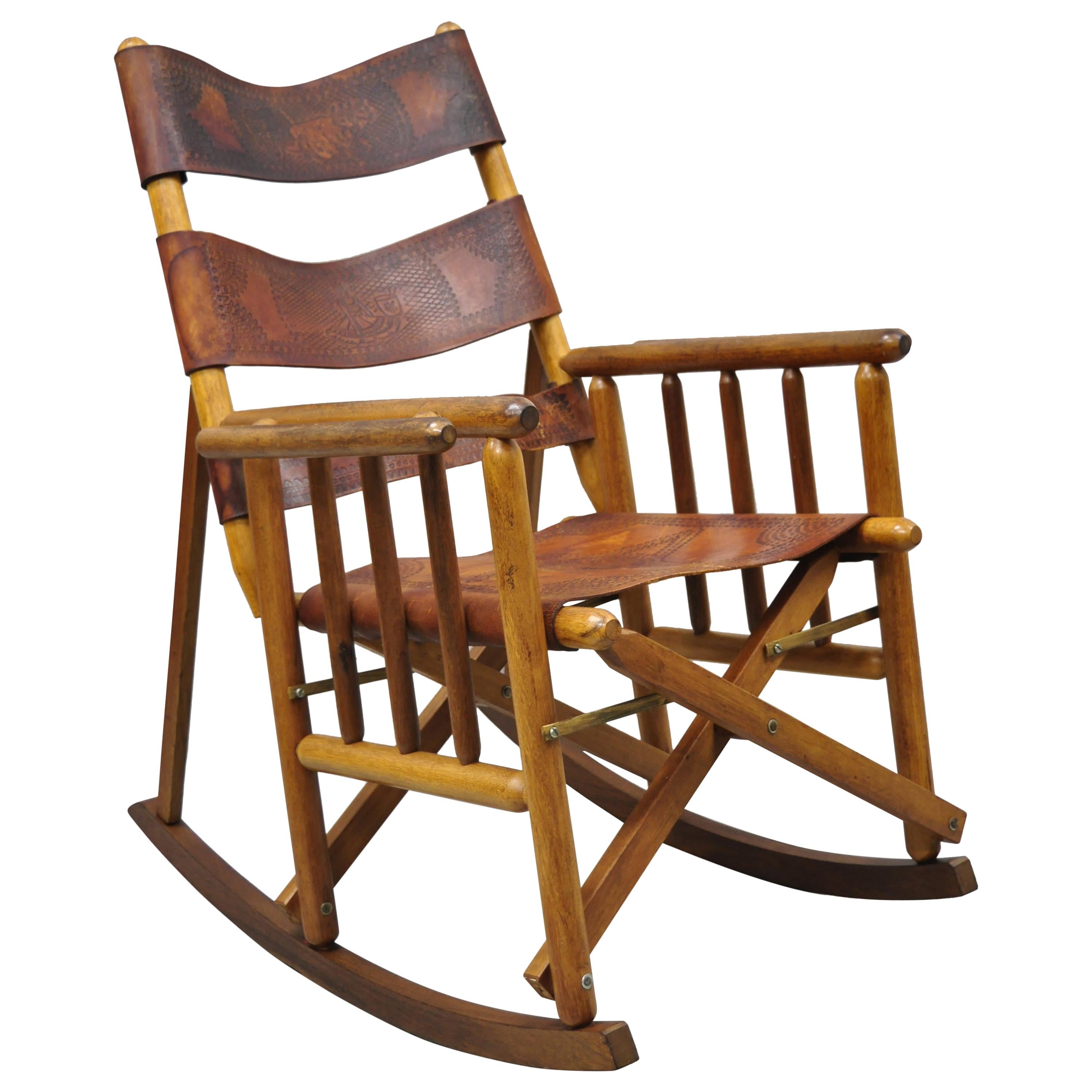 Vintage Brown Leather Campaign Style COSTA Rican Folding Rocking Chair Rocker