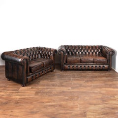 Vintage Brown Leather Chesterfield 3 Seat and 2 Seat Sofa Set, circa 1970-80