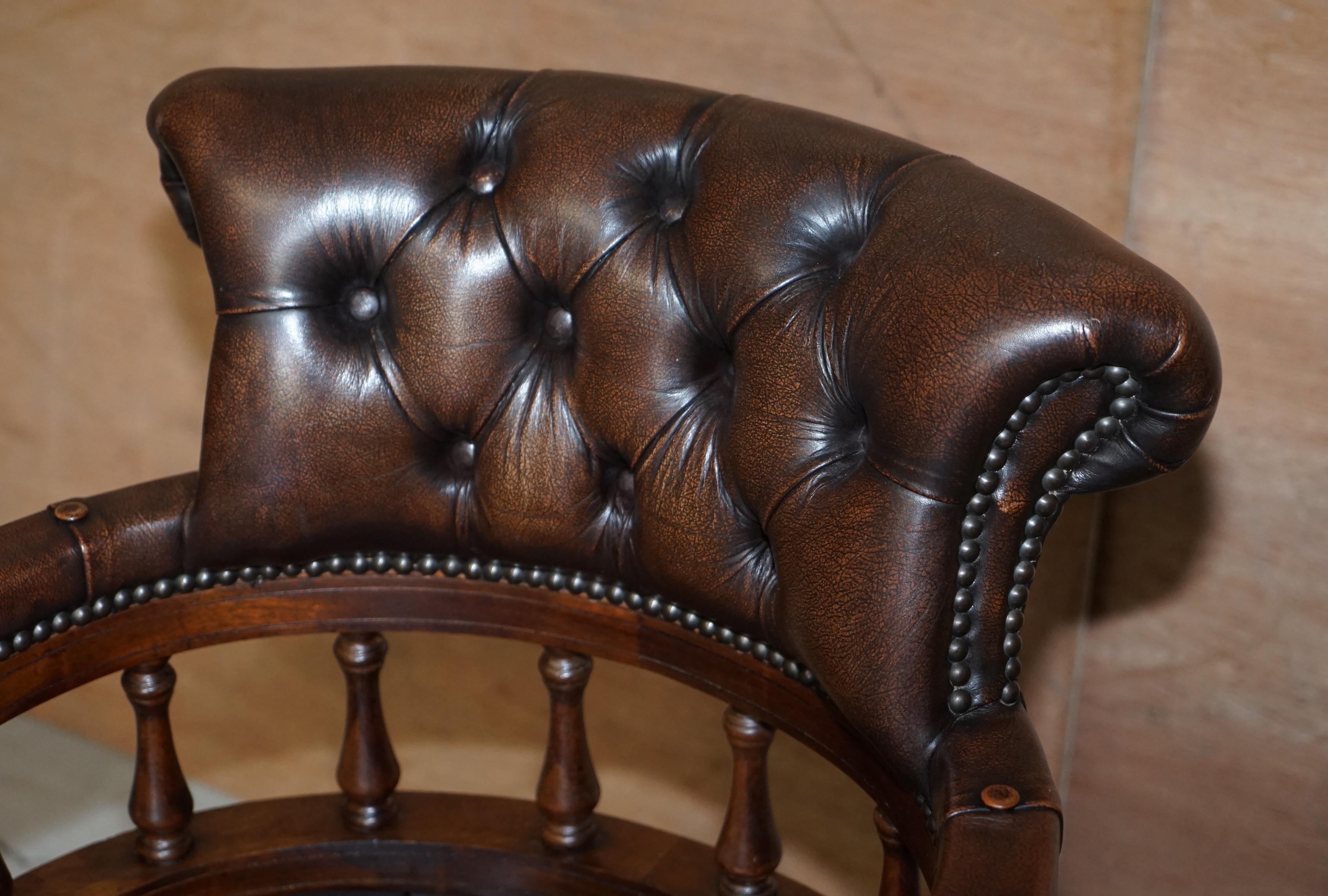 Vintage Brown Leather Chesterfield Captains Directors Chair with Coil Base 2