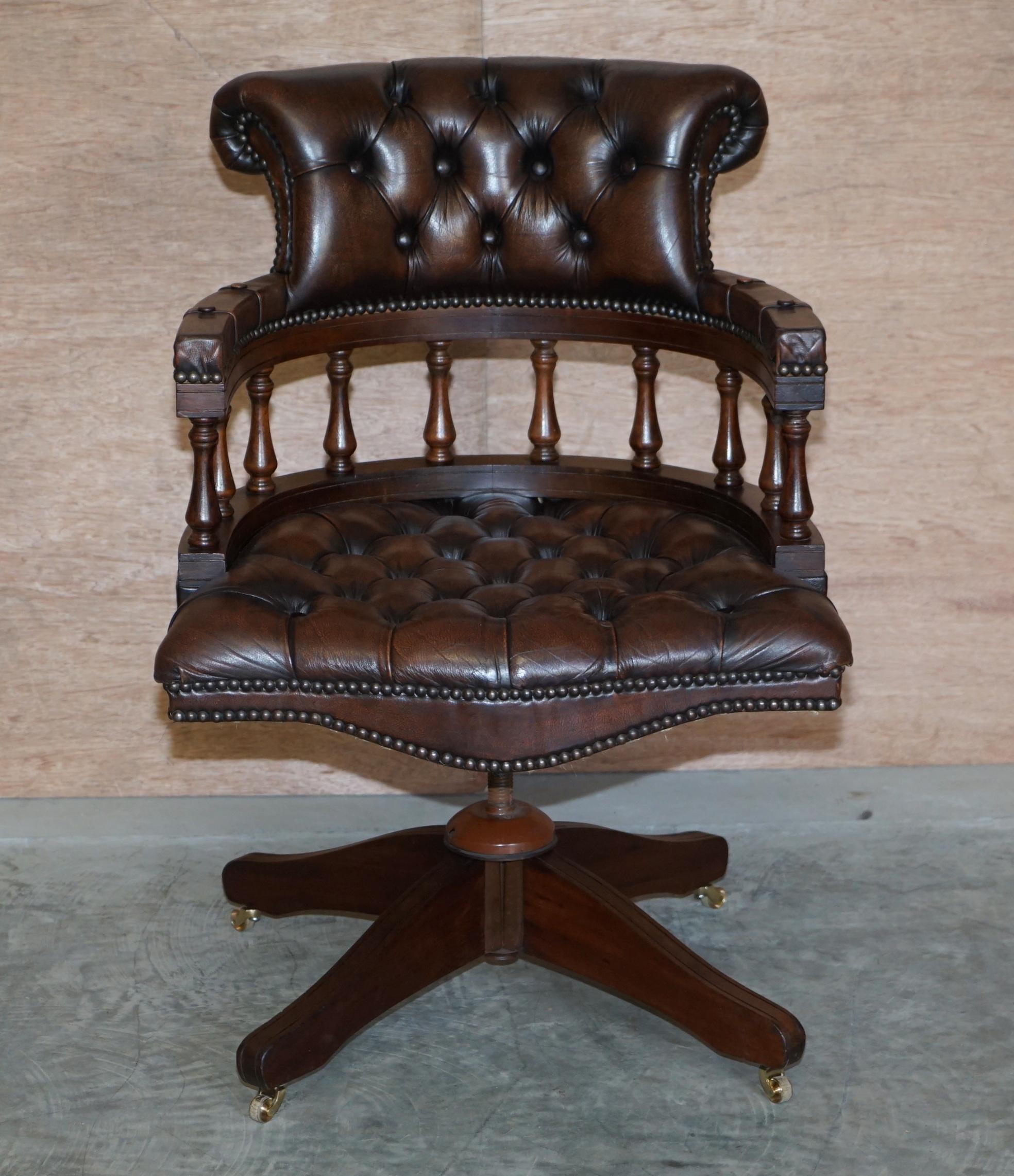 We are delighted to offer for sale this lovely original vintage hand dyed Chestnut brown leather Chesterfield tufted captains chair with coil tension base

A very good looking well made and comfortable directors chair. Its chesterfield buttoned