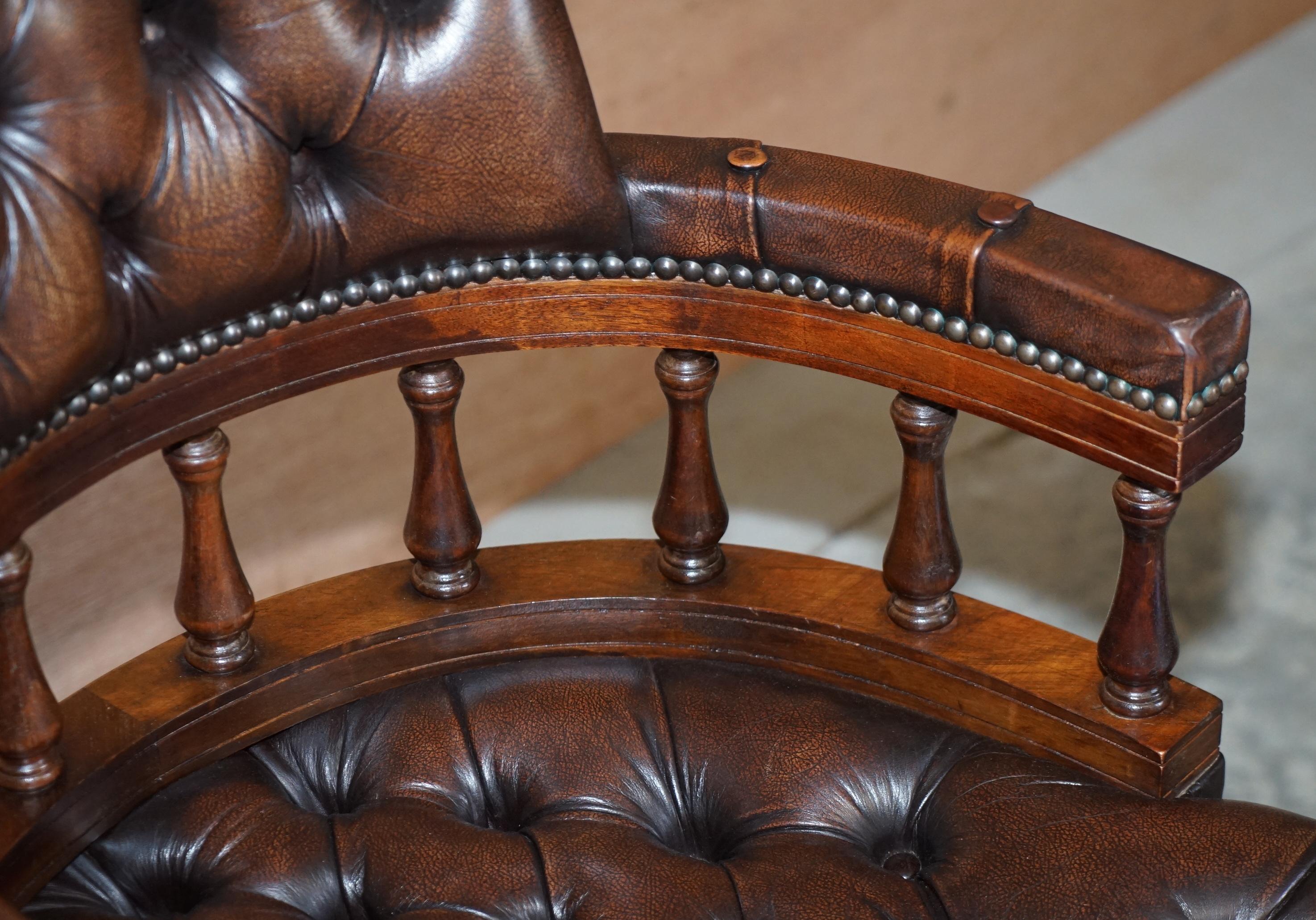 English Vintage Brown Leather Chesterfield Captains Directors Chair with Coil Base