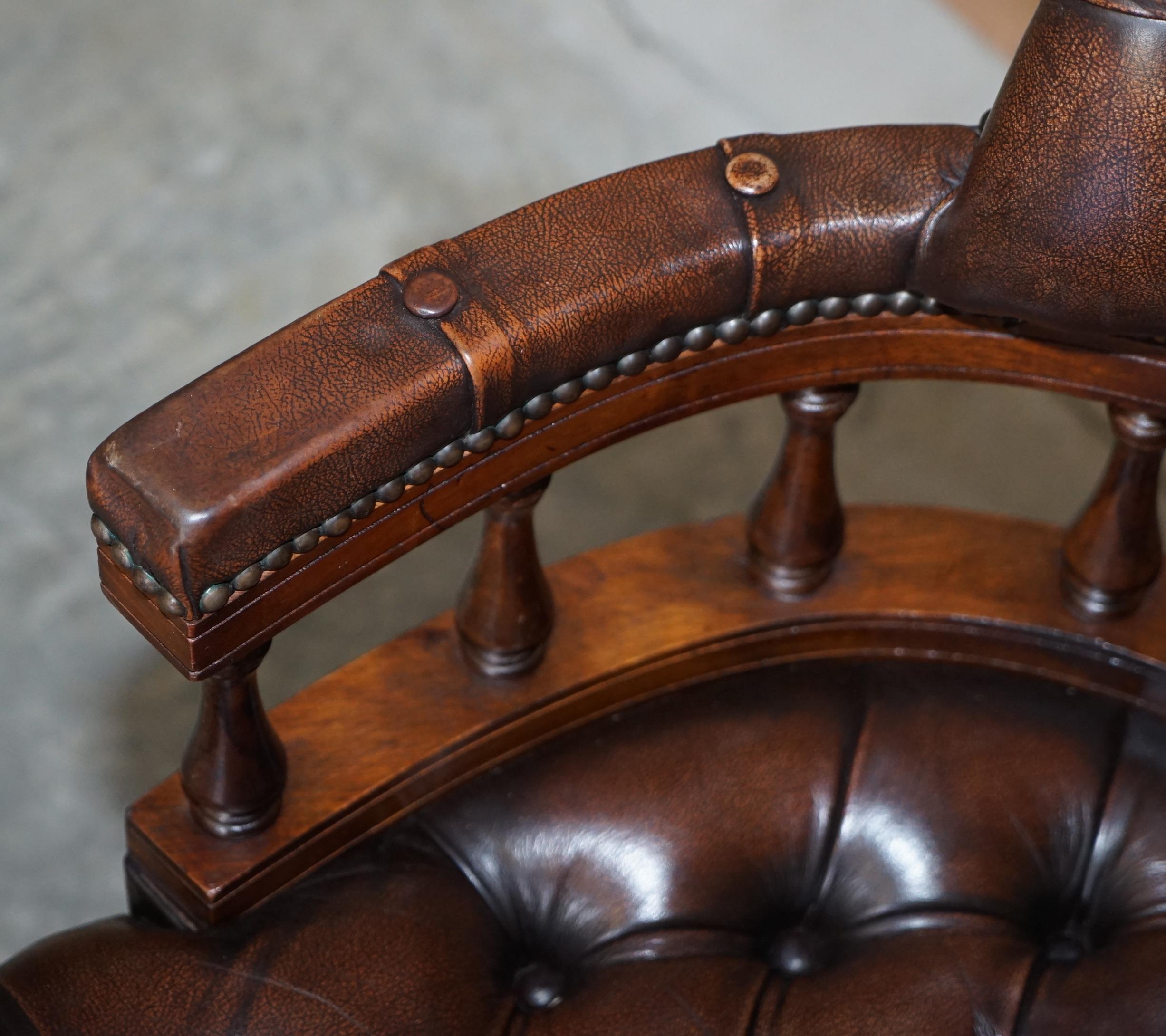 Mid-20th Century Vintage Brown Leather Chesterfield Captains Directors Chair with Coil Base
