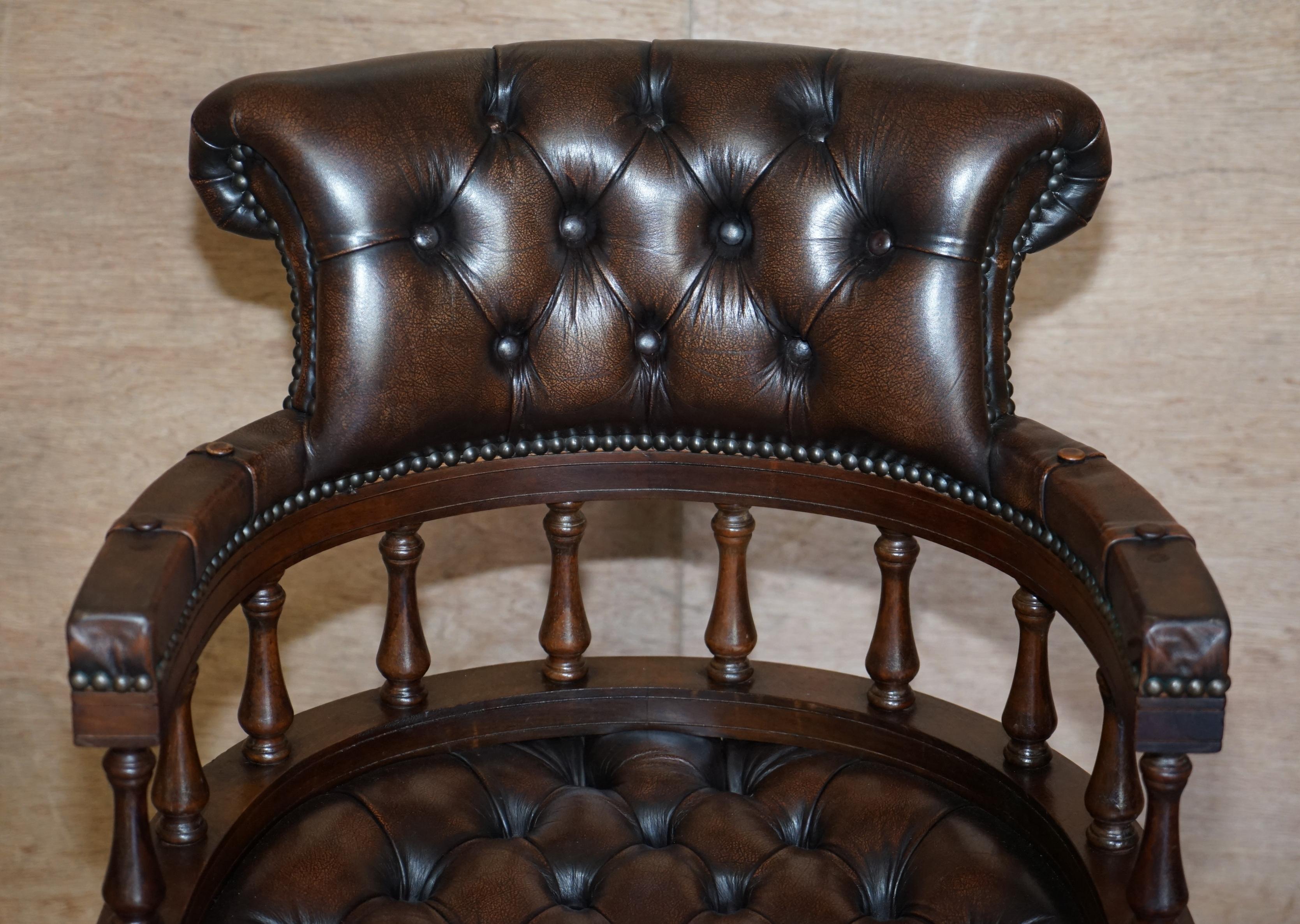 Vintage Brown Leather Chesterfield Captains Directors Chair with Coil Base 1