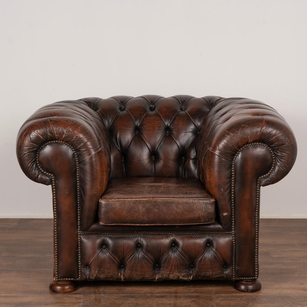 English Vintage Brown Leather Chesterfield Club Chair, England circa 1950-60