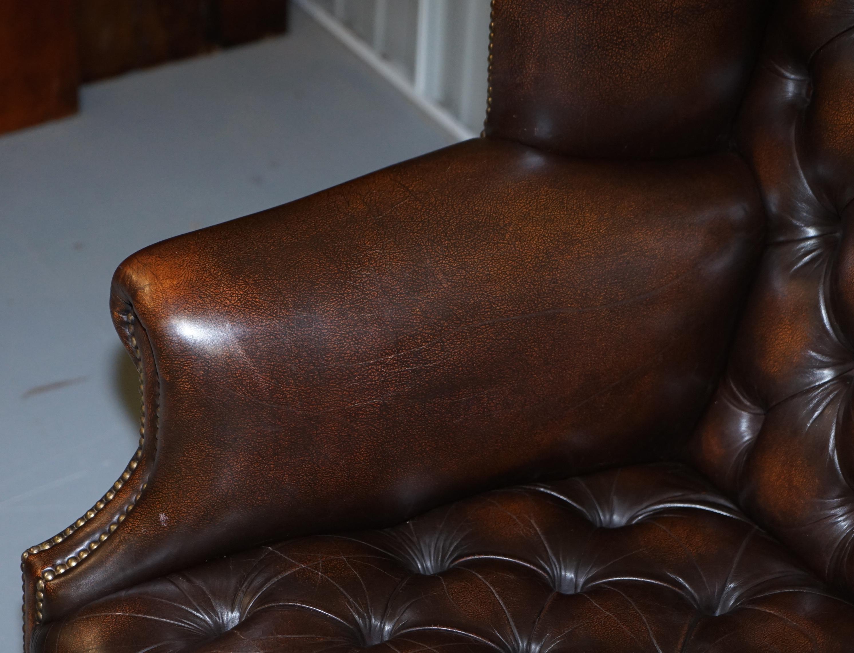 Vintage Brown Leather Chesterfield Fully Tufted Wingback Two Seat Sofa Armchair 4
