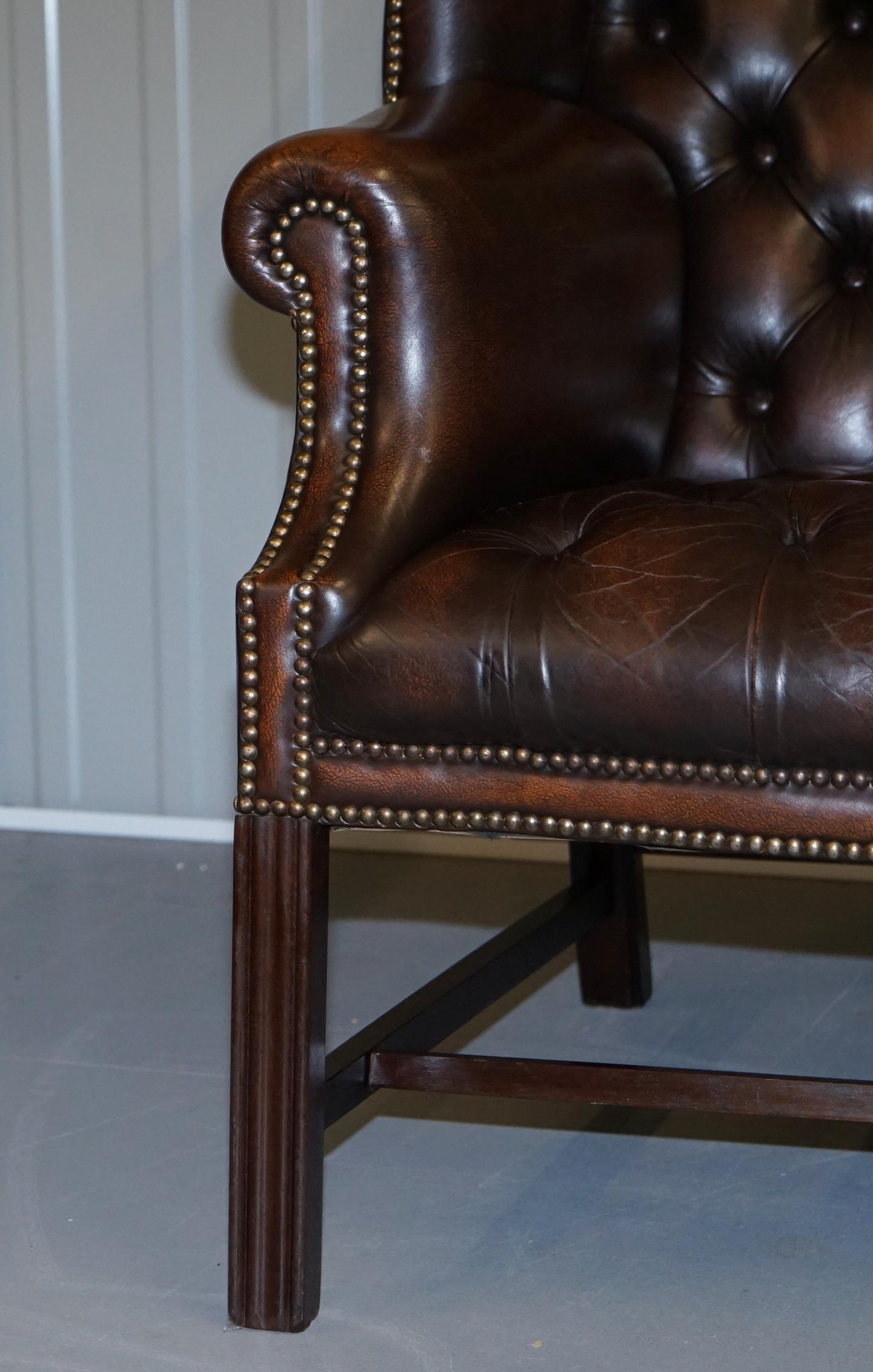 Vintage Brown Leather Chesterfield Fully Tufted Wingback Two Seat Sofa Armchair 5