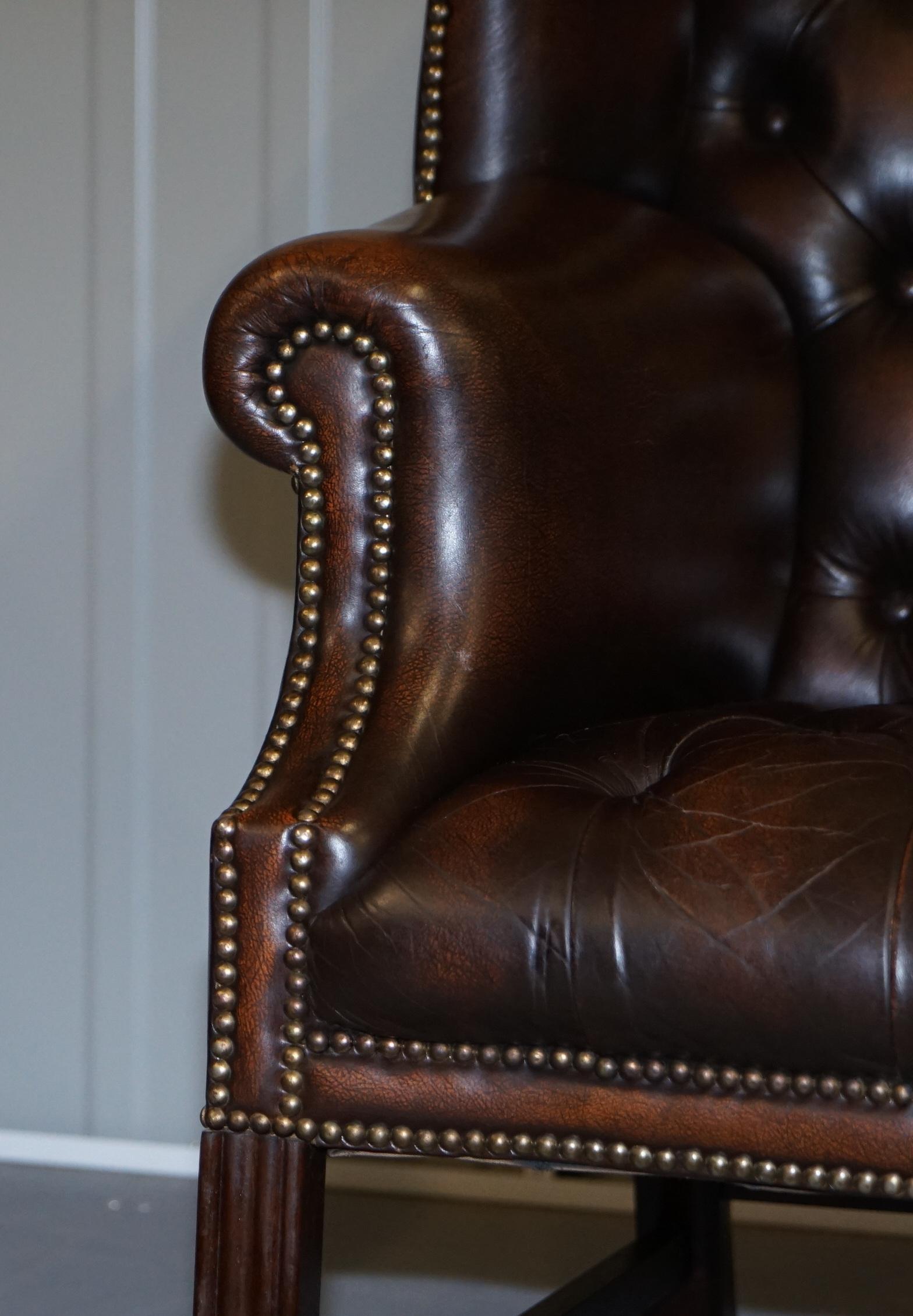 Vintage Brown Leather Chesterfield Fully Tufted Wingback Two Seat Sofa Armchair 6