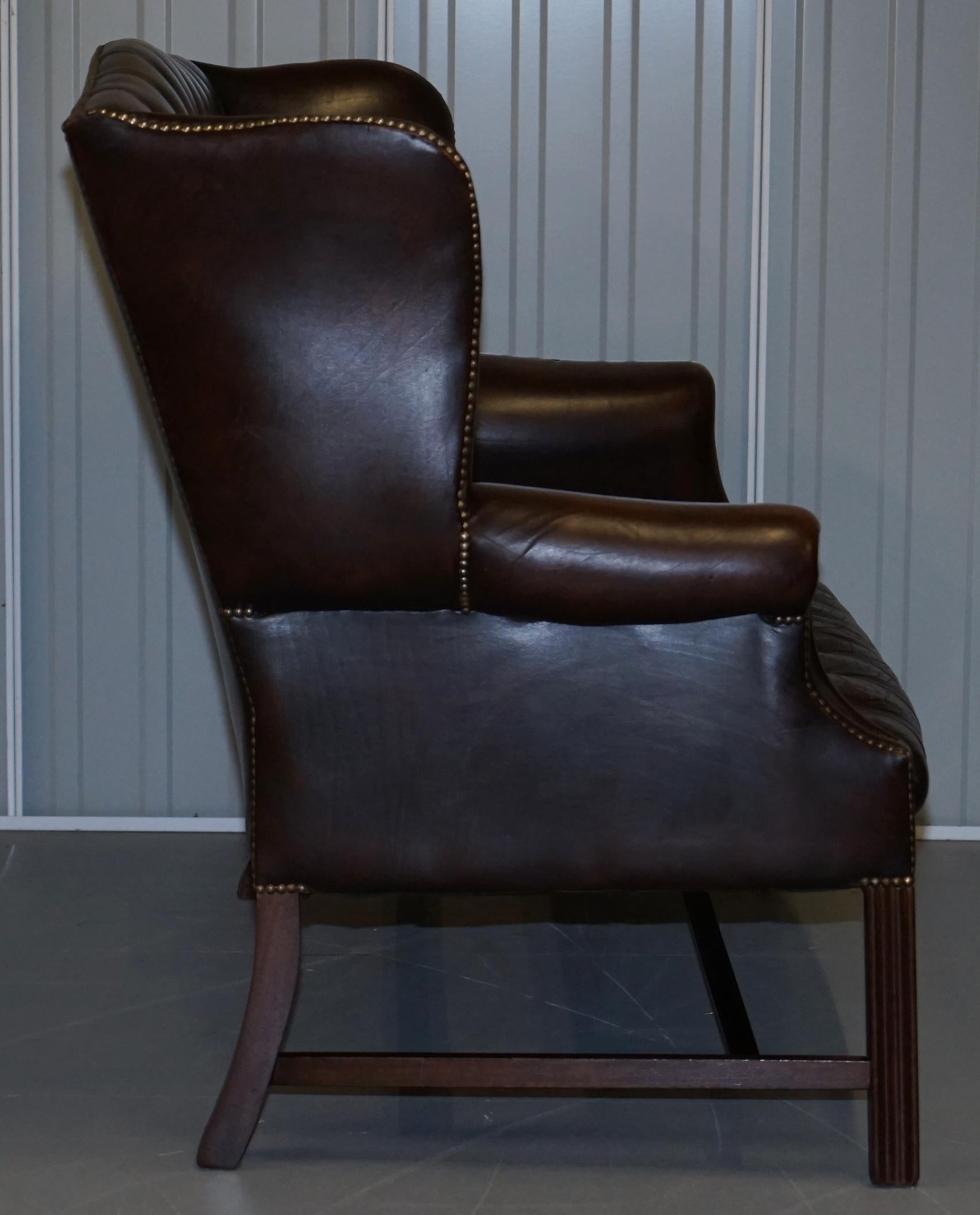 Vintage Brown Leather Chesterfield Fully Tufted Wingback Two Seat Sofa Armchair 8