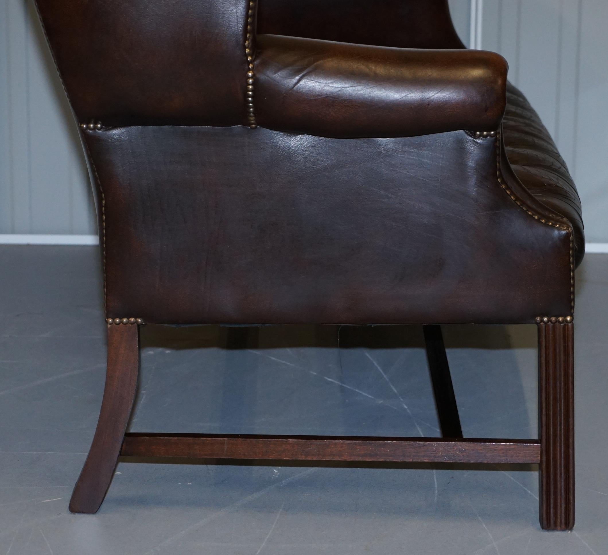 Vintage Brown Leather Chesterfield Fully Tufted Wingback Two Seat Sofa Armchair 9