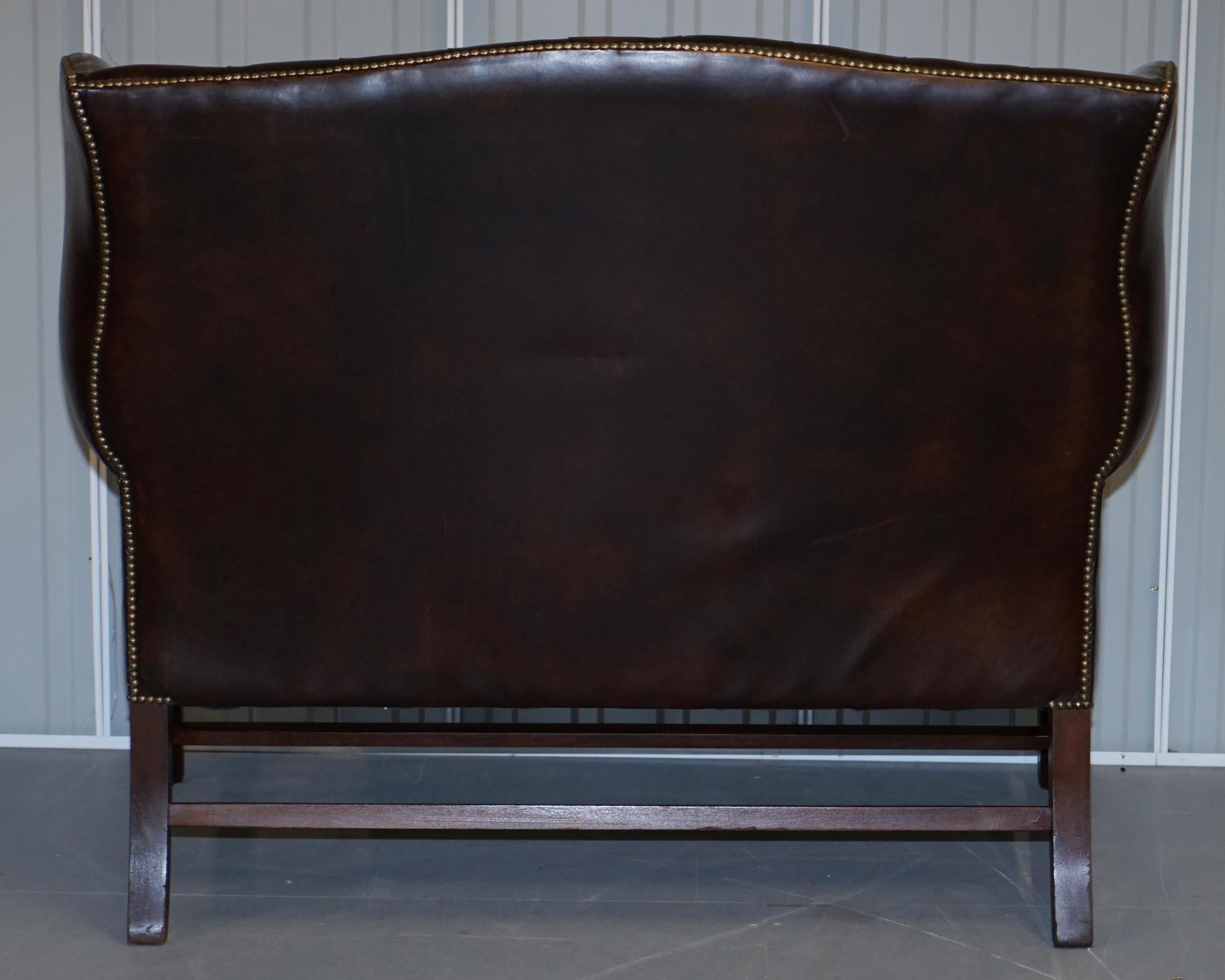 Vintage Brown Leather Chesterfield Fully Tufted Wingback Two Seat Sofa Armchair 11
