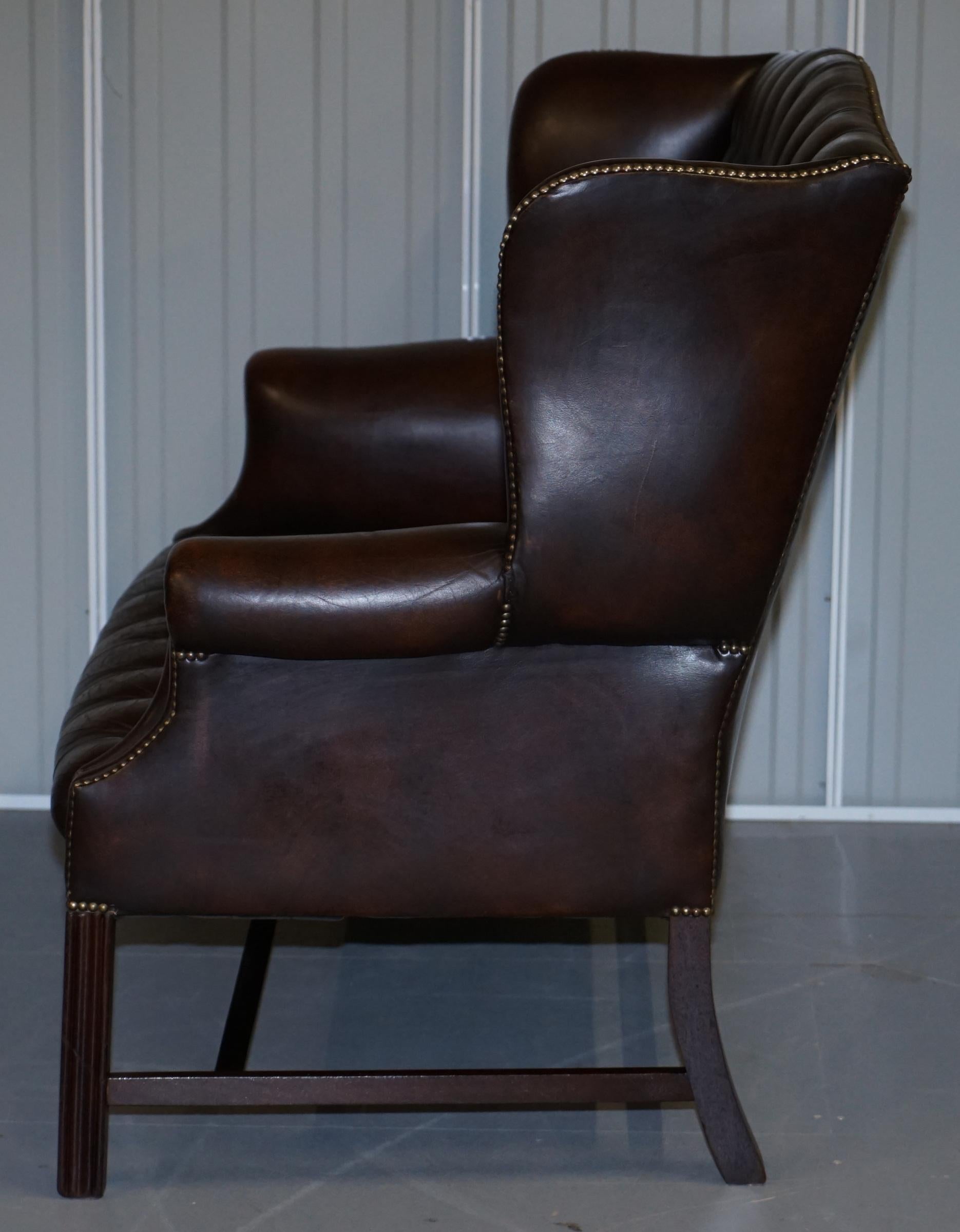 Vintage Brown Leather Chesterfield Fully Tufted Wingback Two Seat Sofa Armchair 12