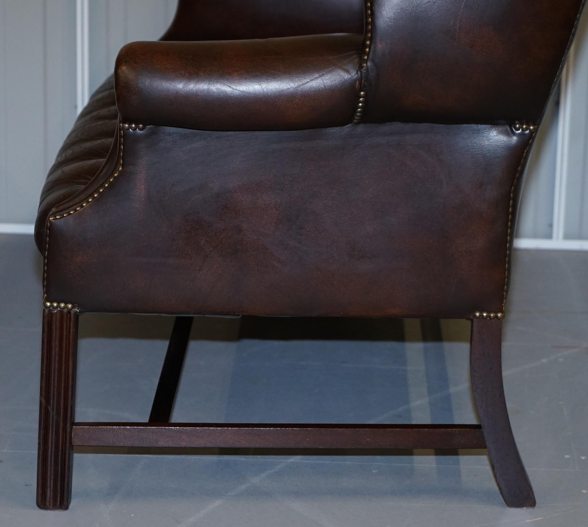 Vintage Brown Leather Chesterfield Fully Tufted Wingback Two Seat Sofa Armchair 13