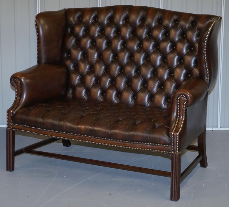 Vintage Brown Leather Chesterfield Fully Tufted Wingback Two Seat Sofa ...