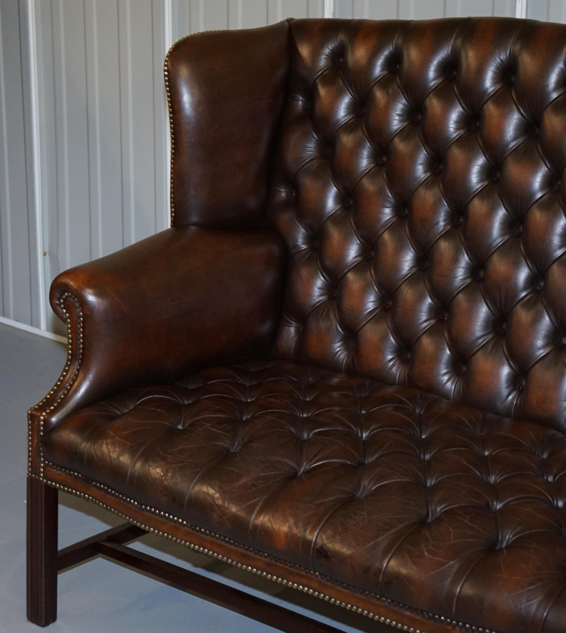 English Vintage Brown Leather Chesterfield Fully Tufted Wingback Two Seat Sofa Armchair