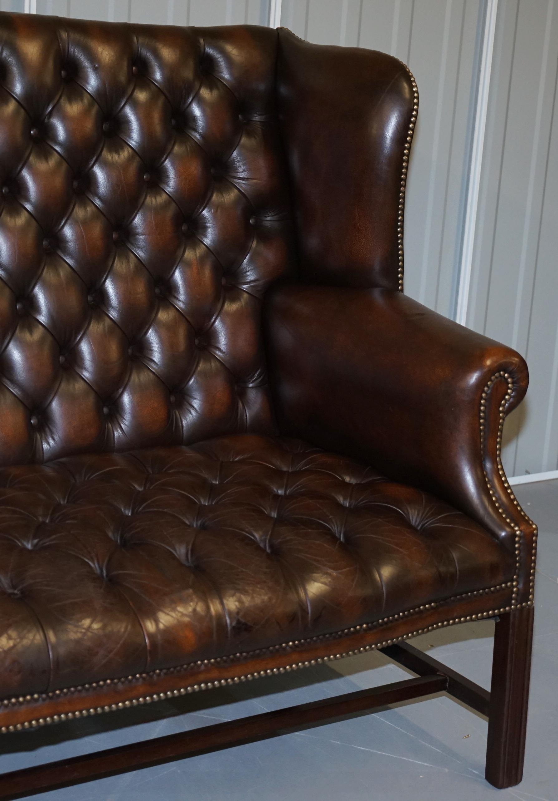 Hand-Crafted Vintage Brown Leather Chesterfield Fully Tufted Wingback Two Seat Sofa Armchair