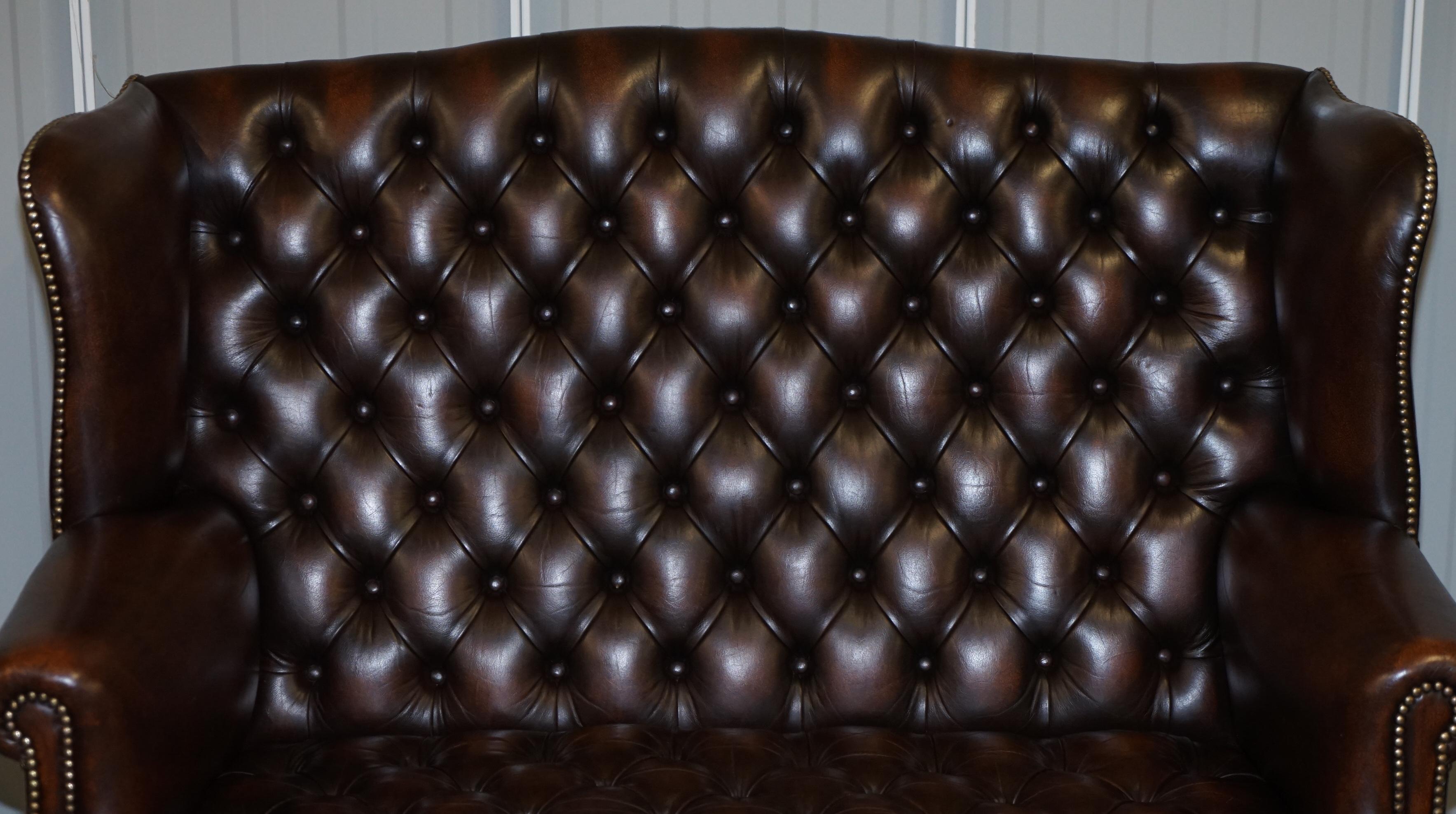 20th Century Vintage Brown Leather Chesterfield Fully Tufted Wingback Two Seat Sofa Armchair