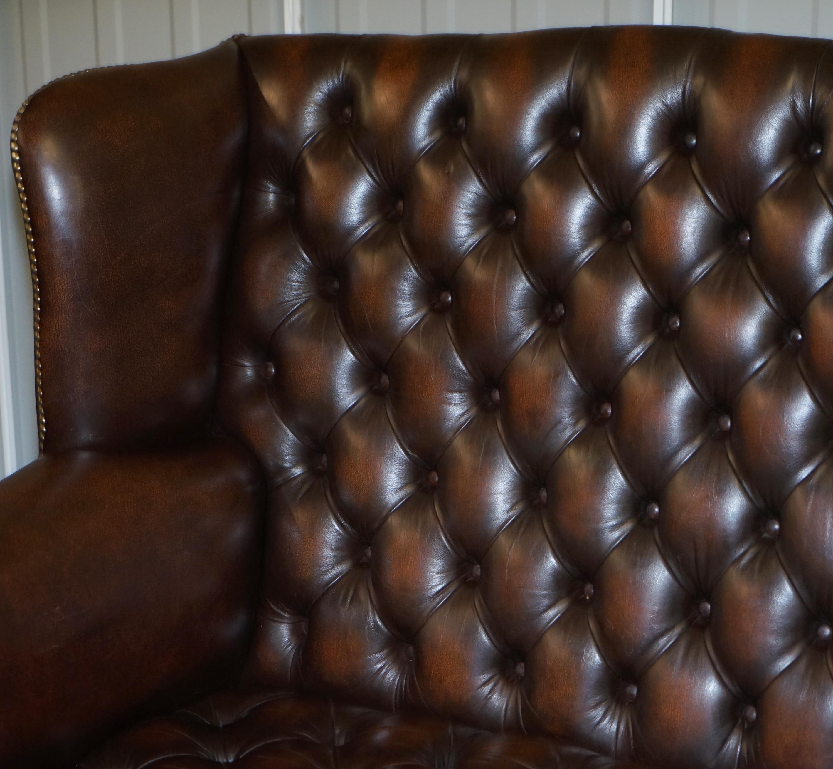 Vintage Brown Leather Chesterfield Fully Tufted Wingback Two Seat Sofa Armchair 1