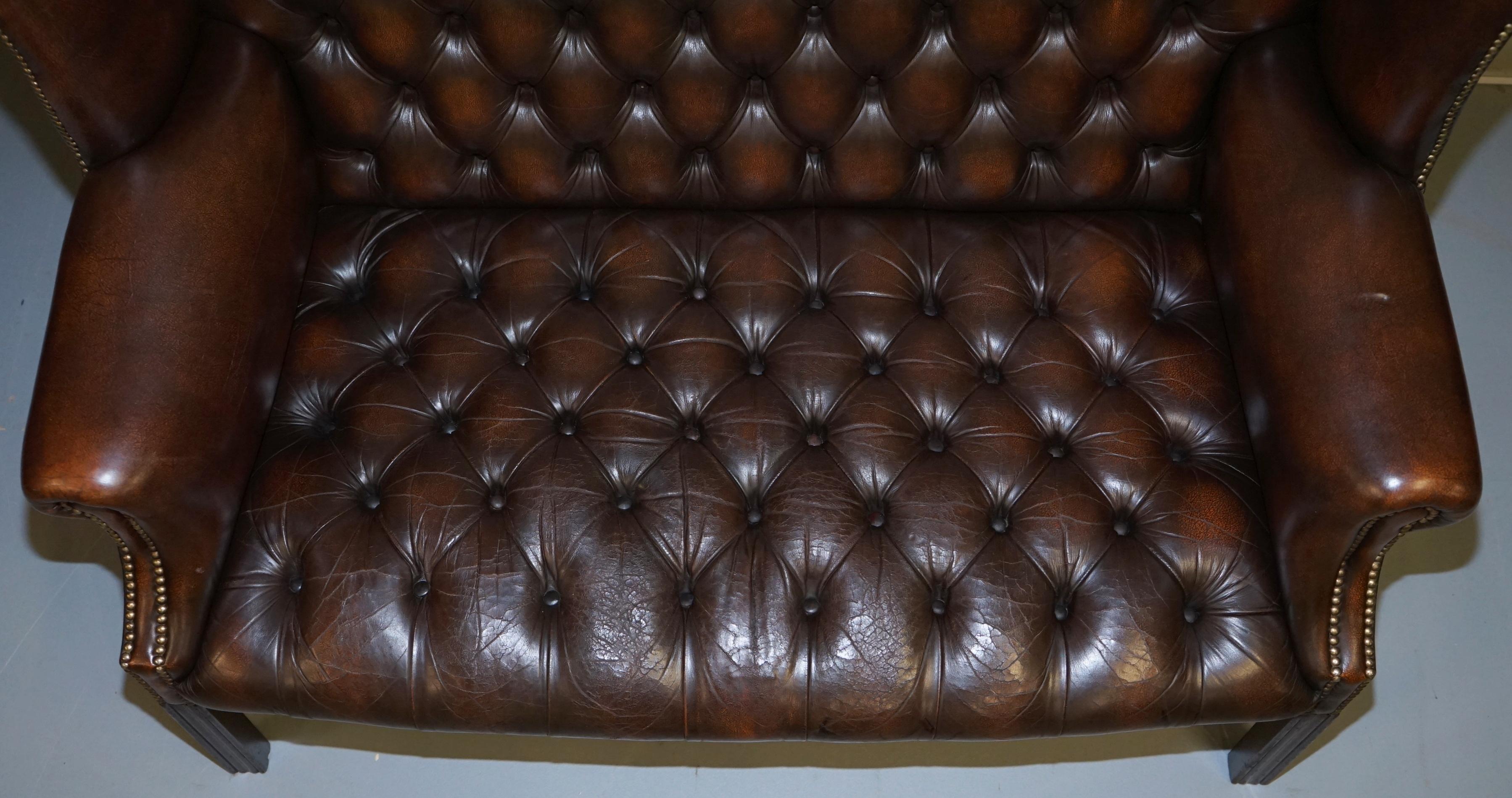 Vintage Brown Leather Chesterfield Fully Tufted Wingback Two Seat Sofa Armchair 2