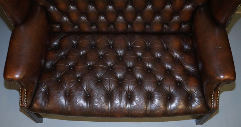 Vintage Brown Leather Chesterfield Fully Tufted Wingback Two Seat Sofa ...