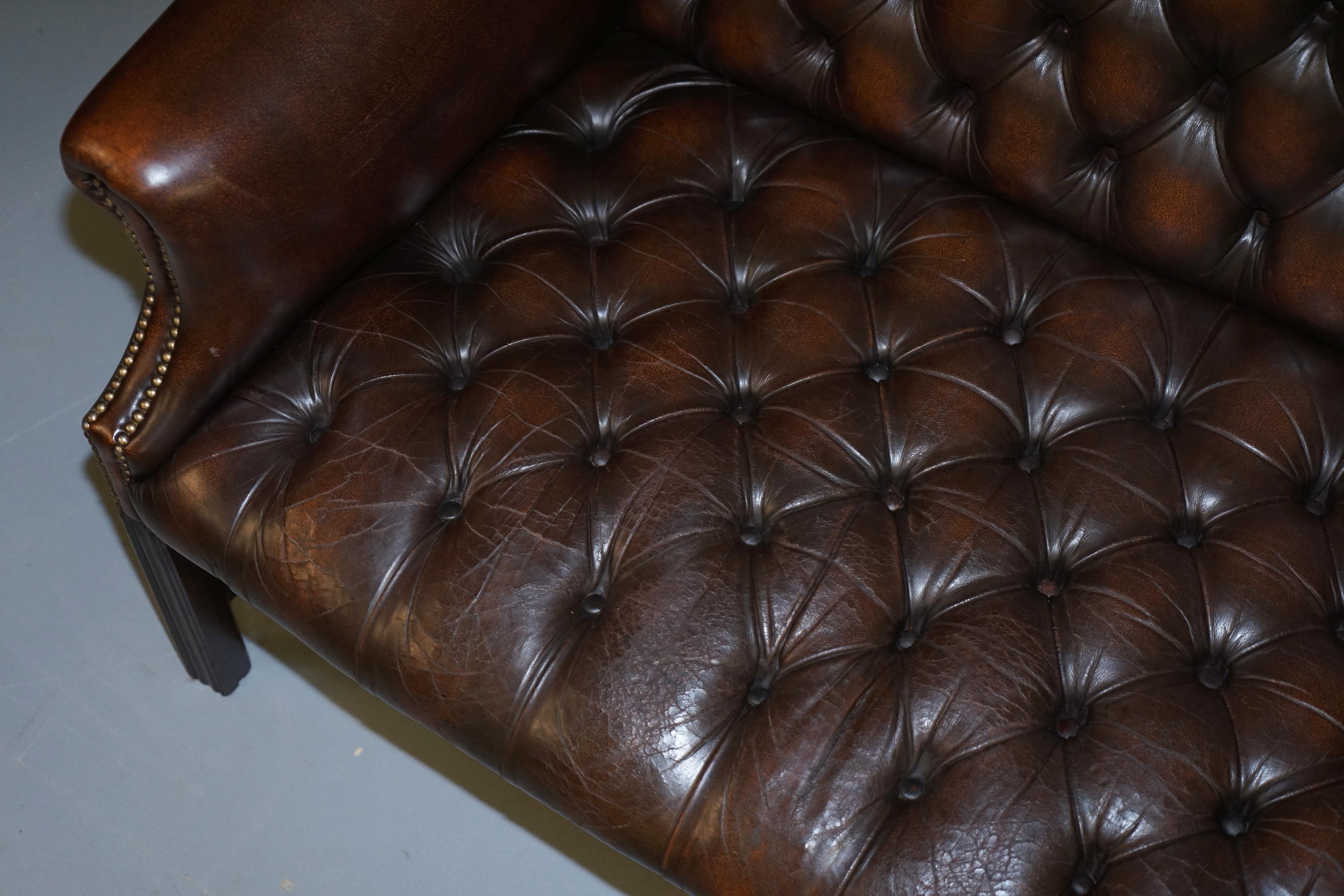 Vintage Brown Leather Chesterfield Fully Tufted Wingback Two Seat Sofa Armchair 3