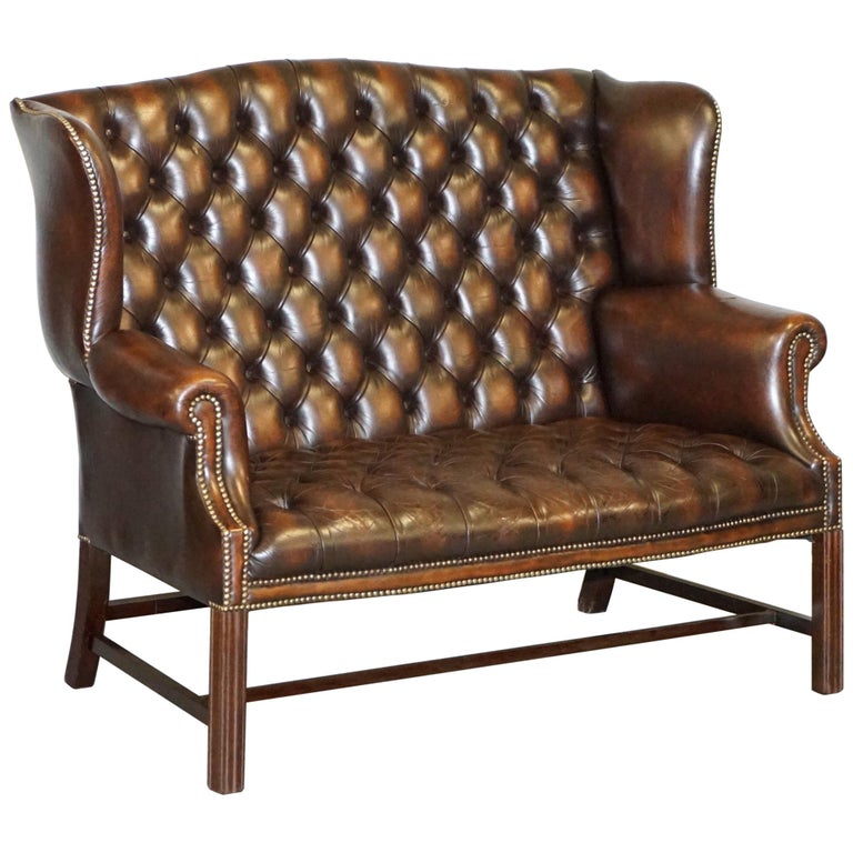 Vintage Brown Leather Chesterfield Fully Tufted Wingback Two Seat Sofa ...