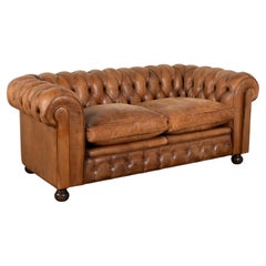 Vintage Brown Leather Chesterfield Loveseat Two Seat Sofa, England circa 1920-40
