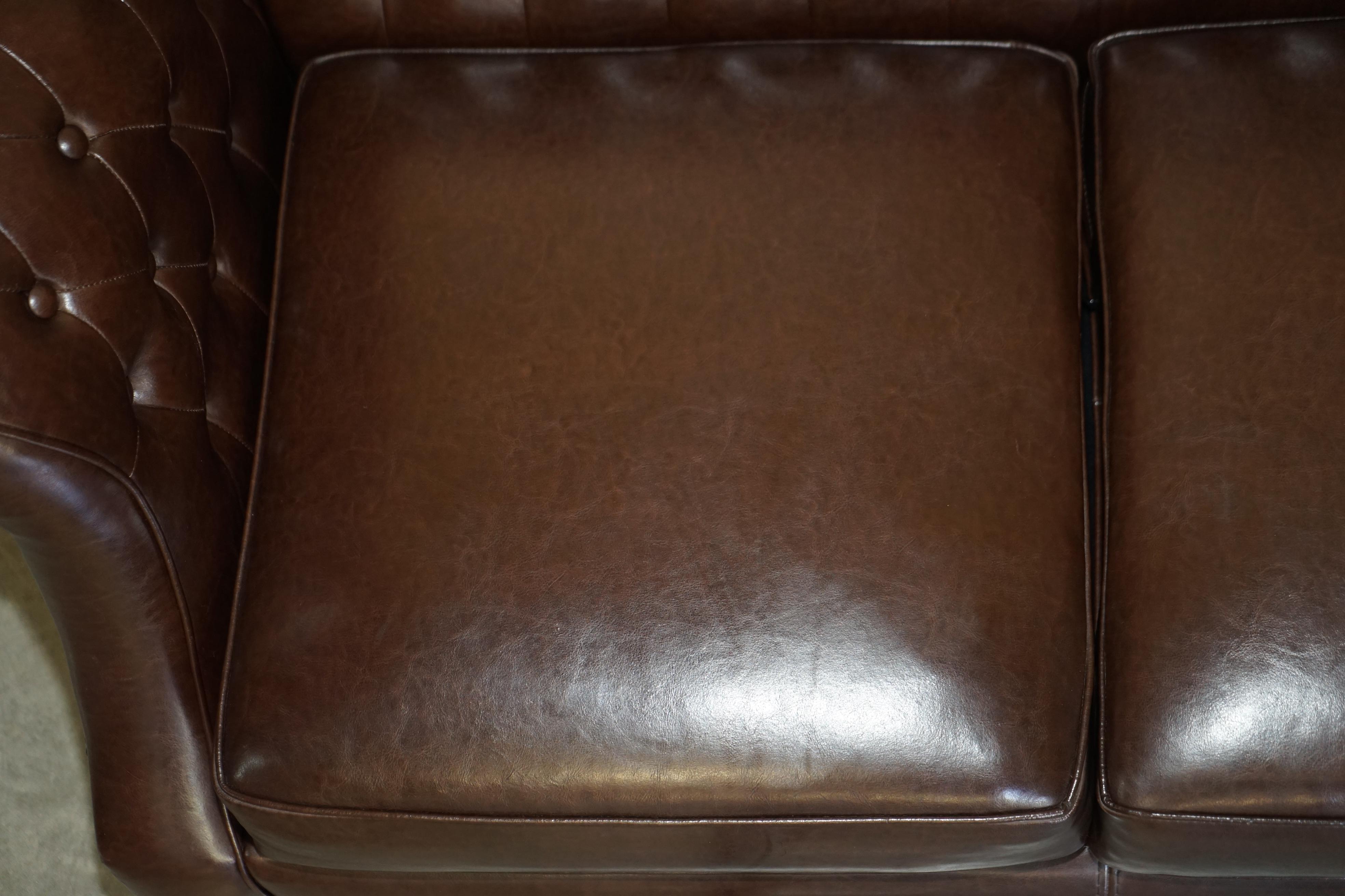 Vintage Brown Leather Chesterfield Pair of Armchairs & Two Seat Sofa Suite 5