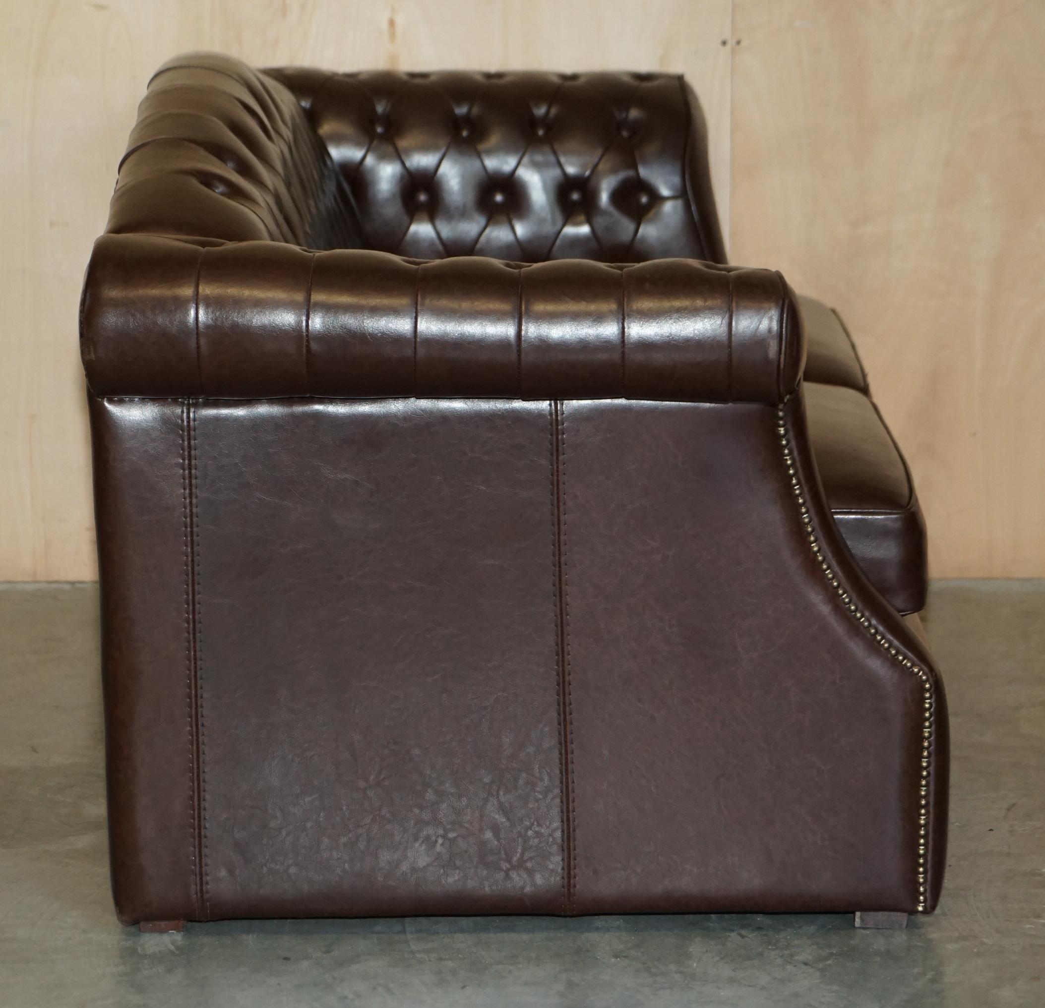 Vintage Brown Leather Chesterfield Pair of Armchairs & Two Seat Sofa Suite 6
