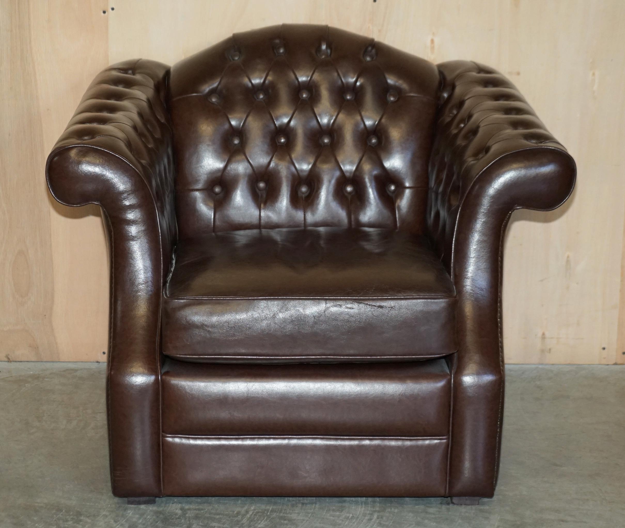 Vintage Brown Leather Chesterfield Pair of Armchairs & Two Seat Sofa Suite 9