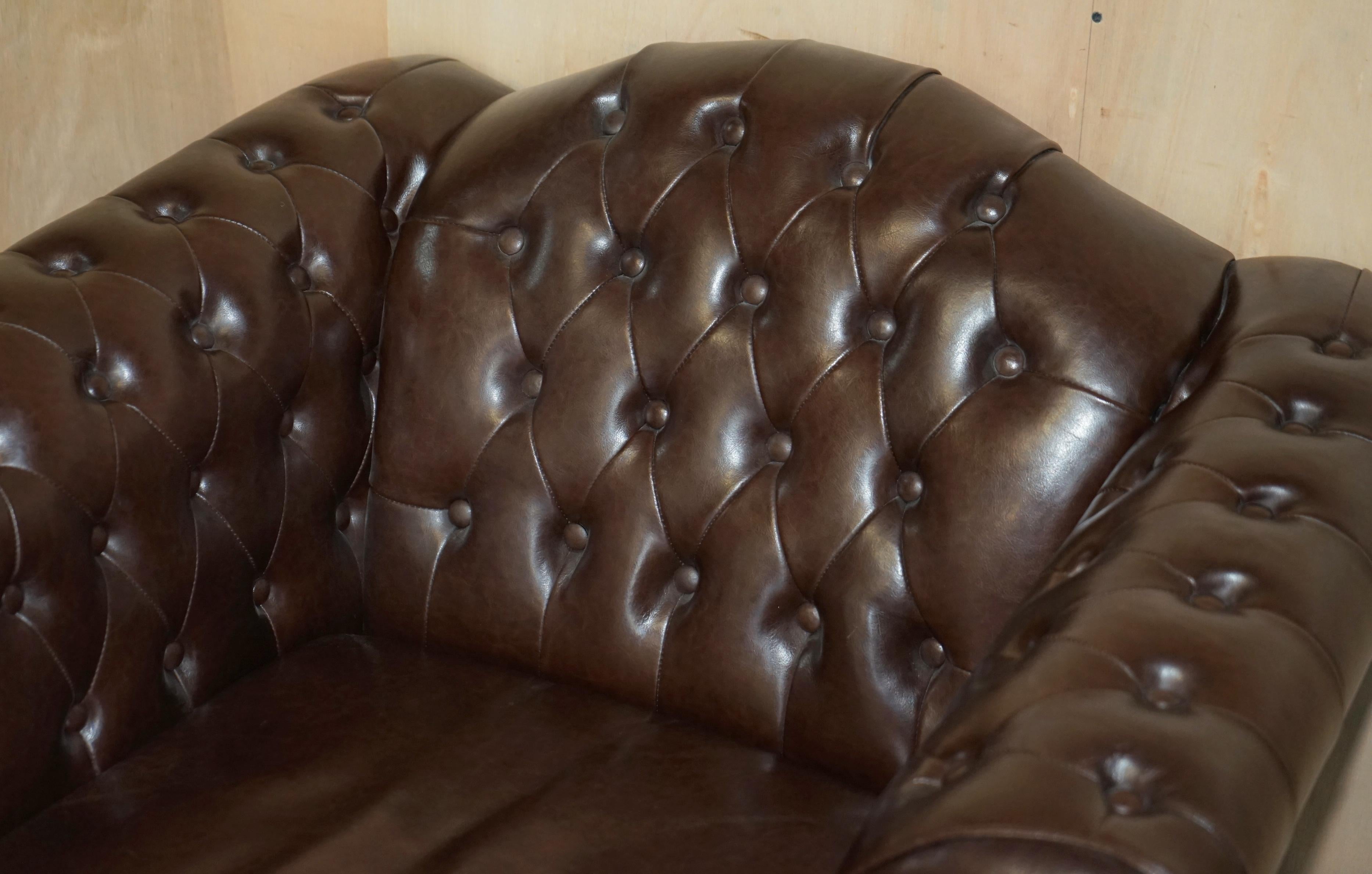 Vintage Brown Leather Chesterfield Pair of Armchairs & Two Seat Sofa Suite 10