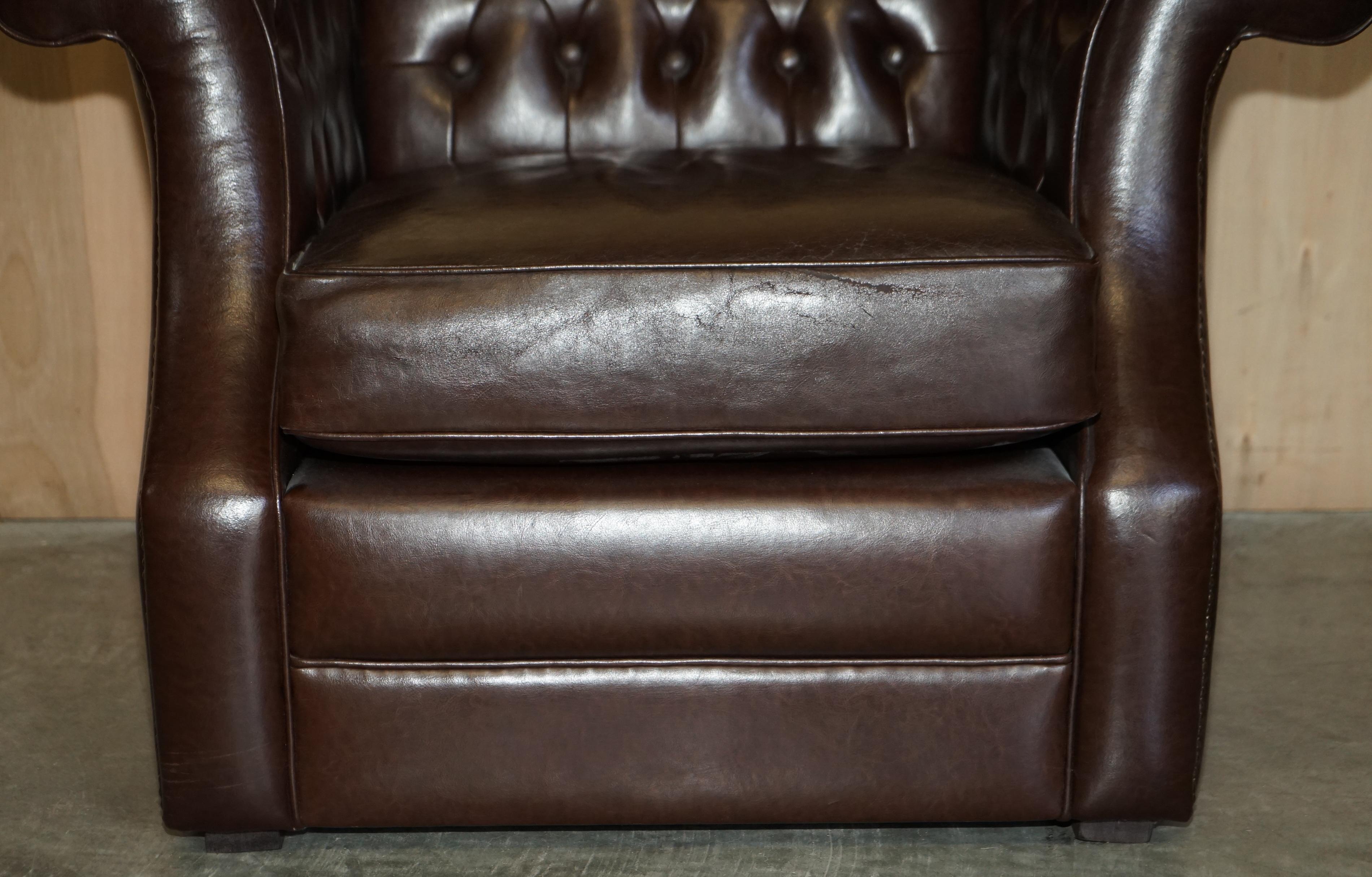 Vintage Brown Leather Chesterfield Pair of Armchairs & Two Seat Sofa Suite 11
