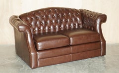 Vintage Brown Leather Chesterfield Pair of Armchairs & Two Seat Sofa Suite