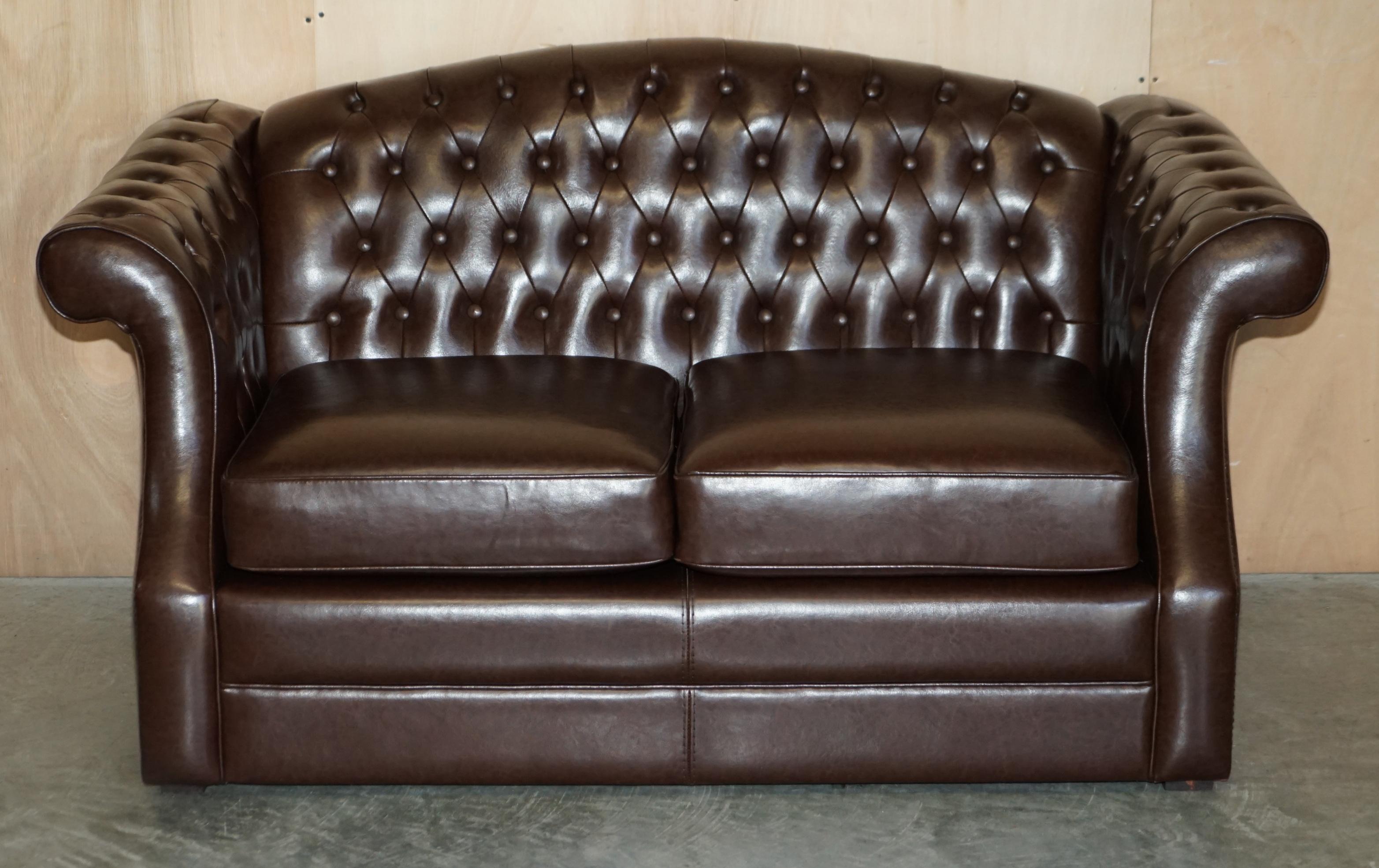 English Vintage Brown Leather Chesterfield Pair of Armchairs & Two Seat Sofa Suite